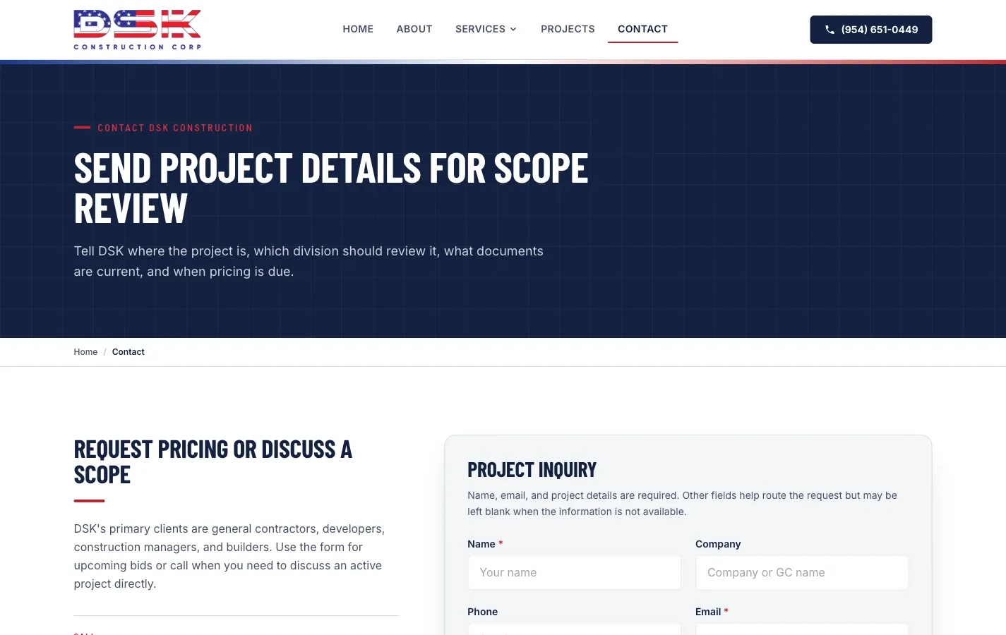 The pricing request page, with a division selector, a real bid due date field, project location and the general contractor's name.