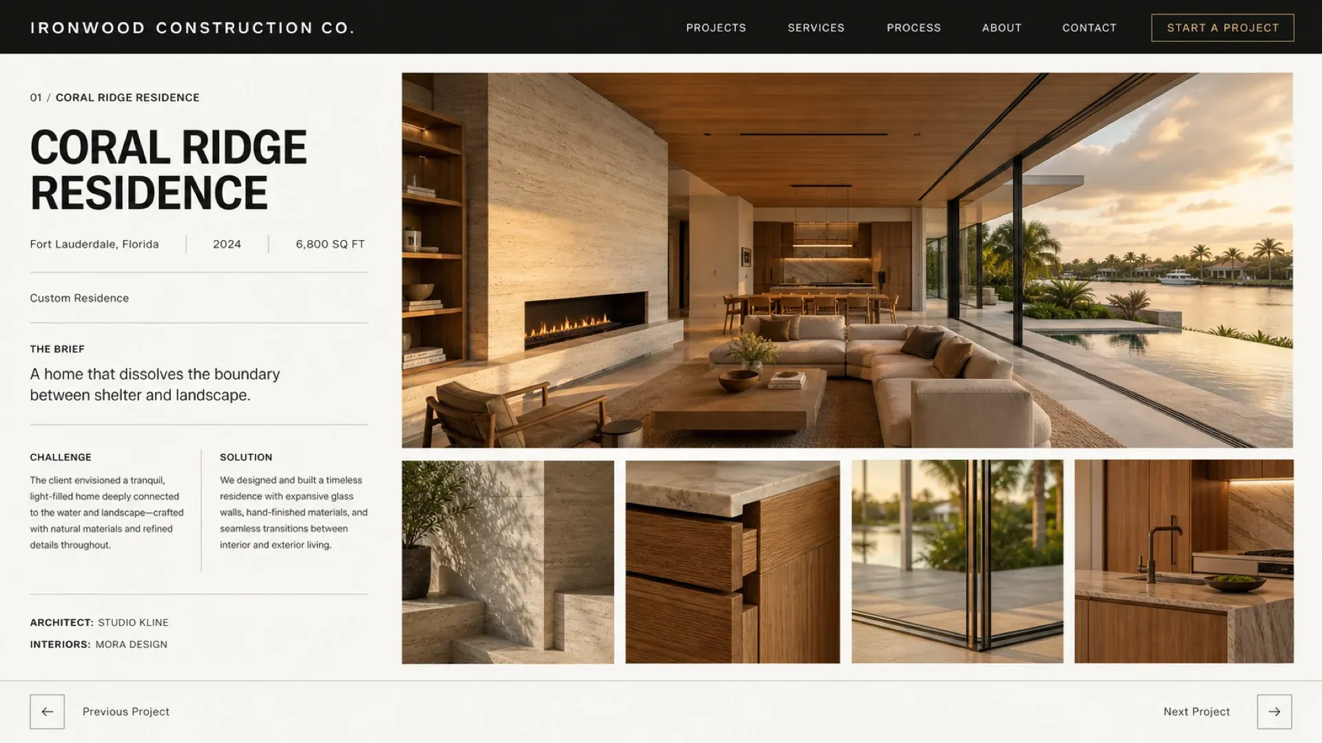 A single project page: the brief, the challenge and the solution set beside interior photography, with the architect and interior designer credited beneath.
