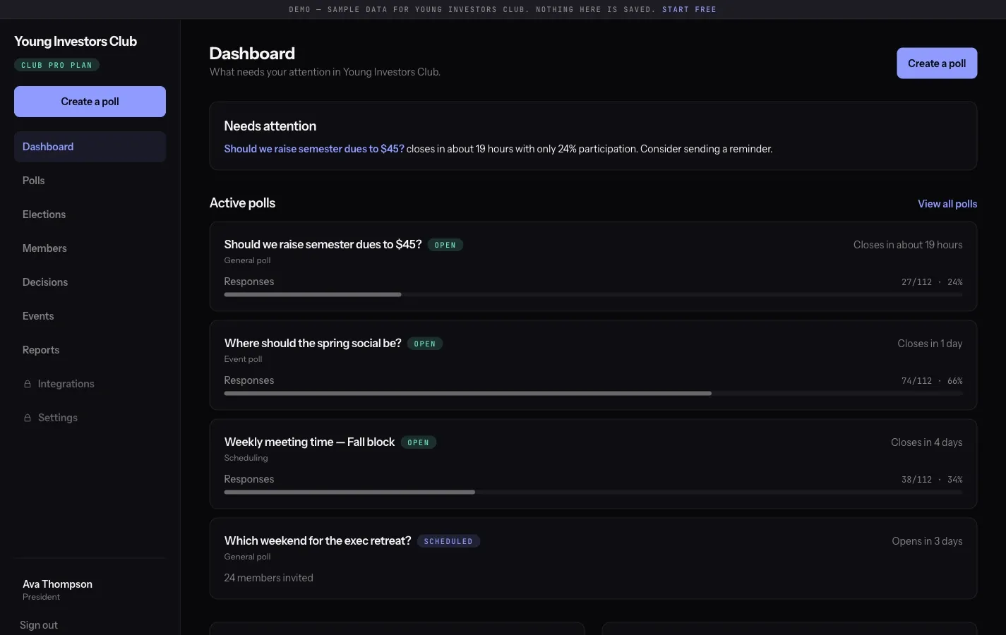 The officer dashboard demo, readable without an account, listing open polls, elections and events.
