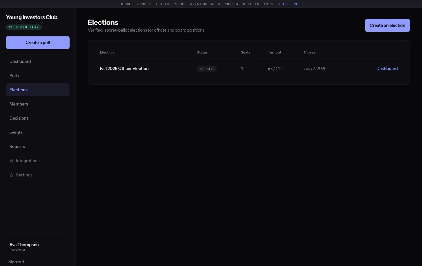 The elections view of the demo dashboard, listing roster-gated elections and their status.