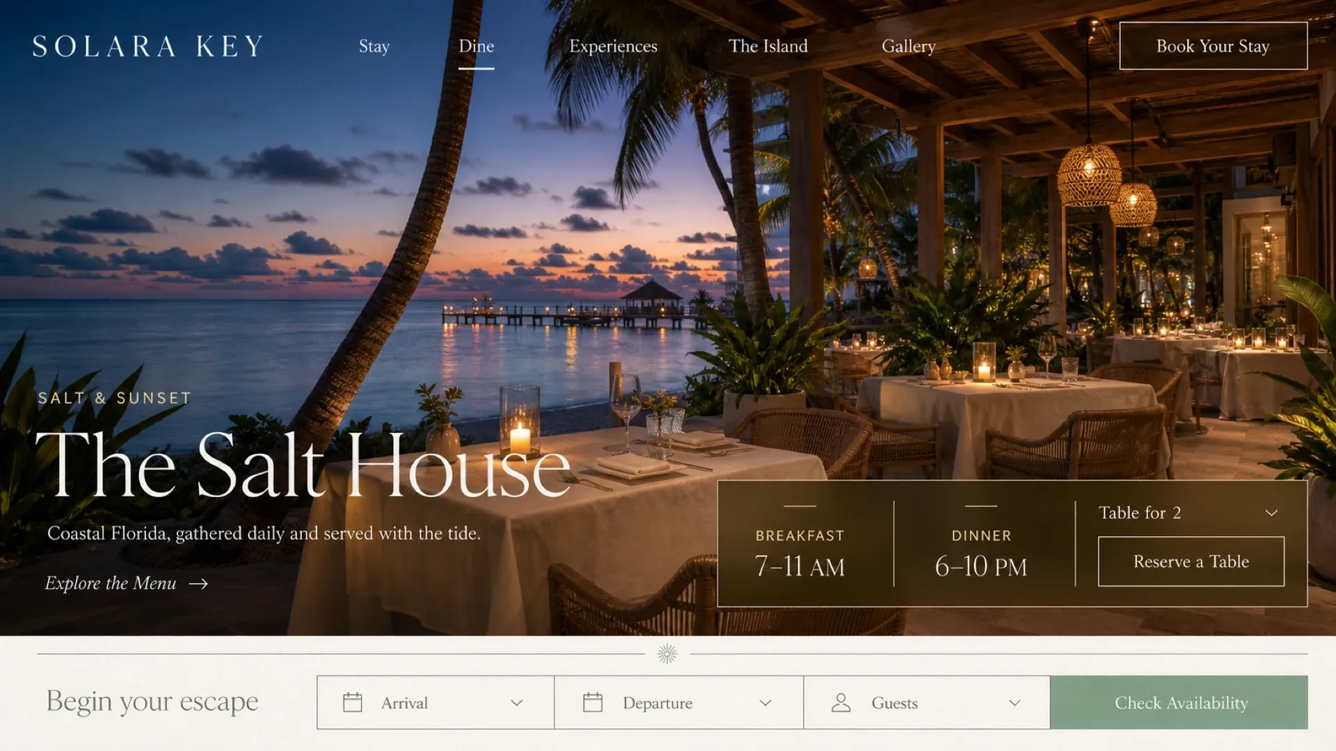 The dining page, naming the restaurant with its breakfast and dinner hours and a table booking, beside a terrace photographed at sunset.