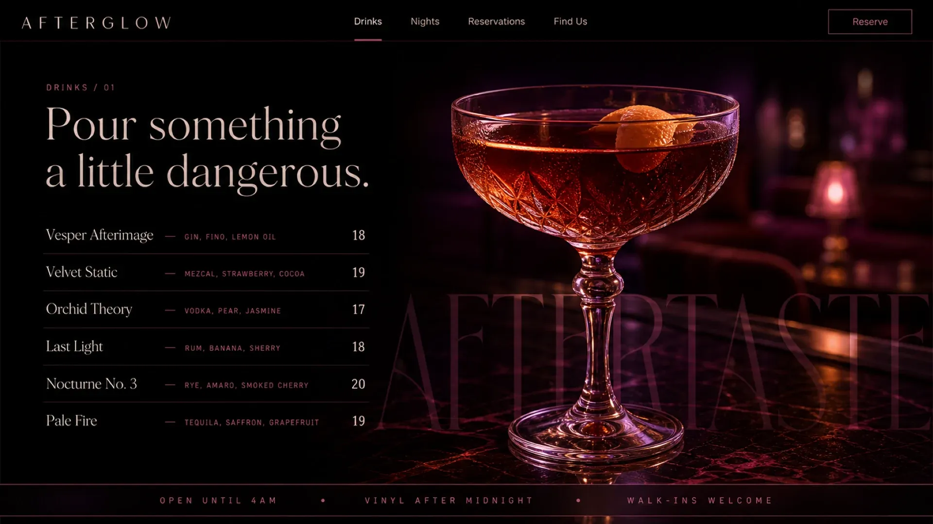 The drinks list: six cocktails, each with its spirits and its price on a single line, beside a lit coupe.