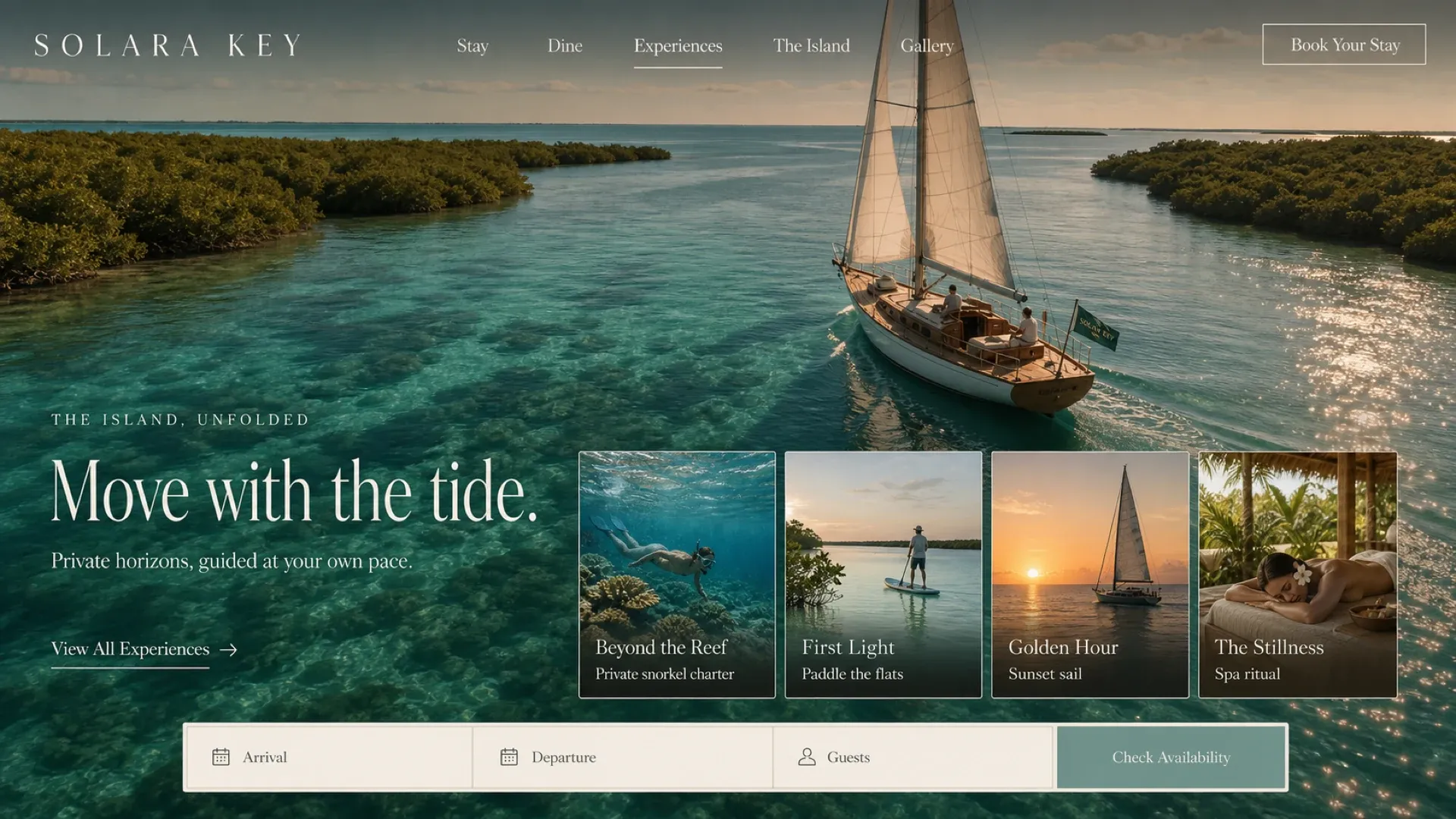 The experiences page, listing a snorkel charter, a paddle, a sunset sail and a spa ritual as four cards over a photograph of the flats.