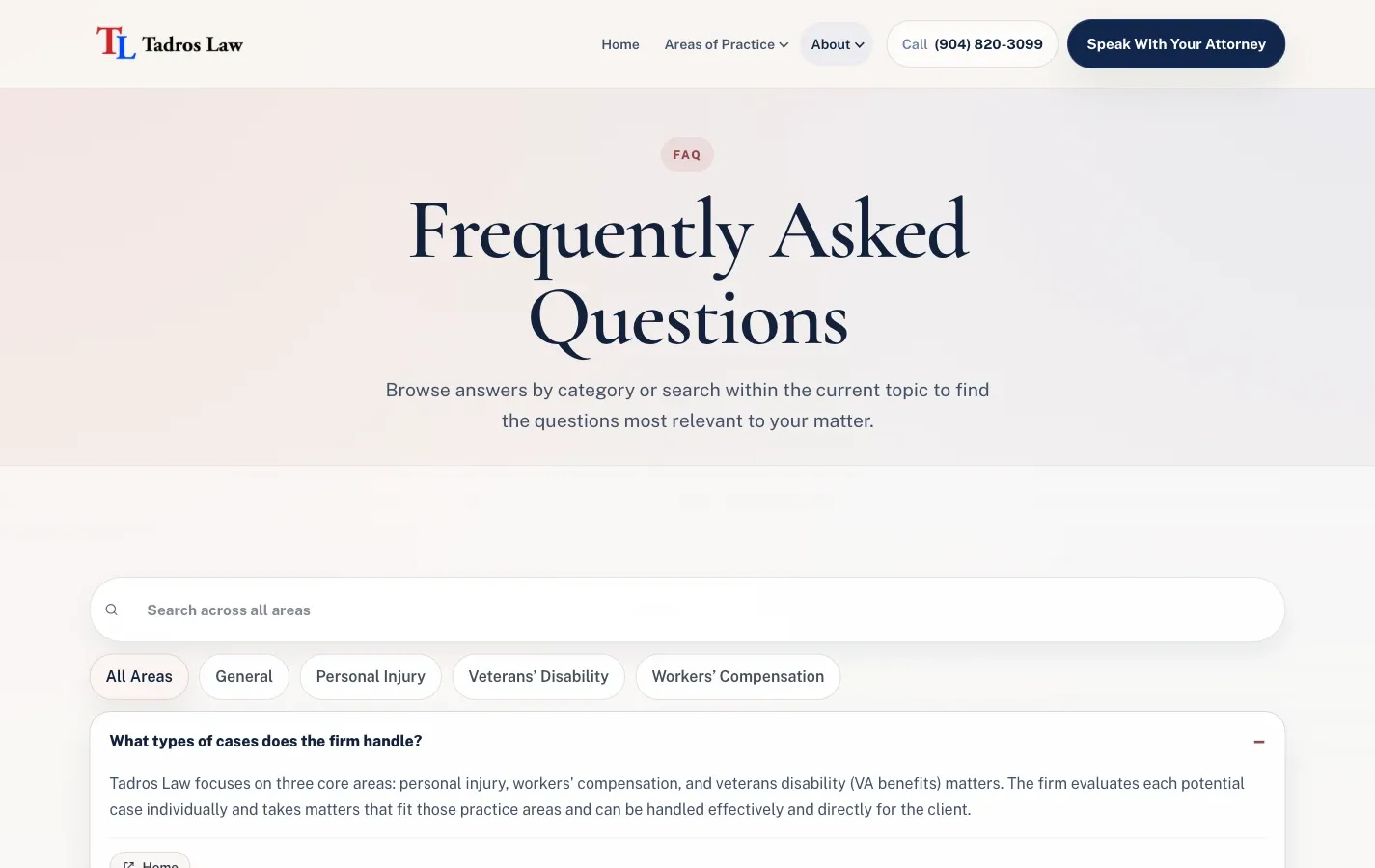 The FAQ page, which searches and ranks across 278 answered questions rather than filtering them.
