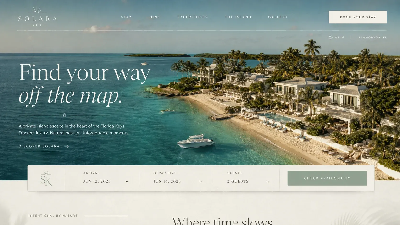 The Solara Key home page: “Find your way off the map”, over an aerial photograph of villas along a turquoise shoreline, with an arrival, departure and guests bar across the foot.