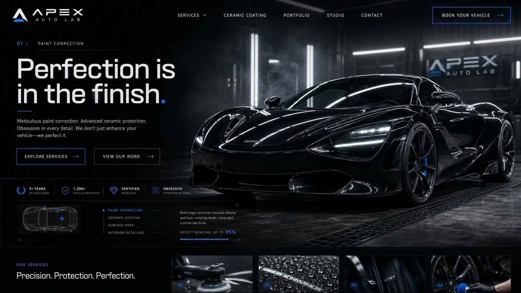 The Apex Auto Lab home page: “Perfection is in the finish”, beside a black car under strip lighting, over a row of service tiles.