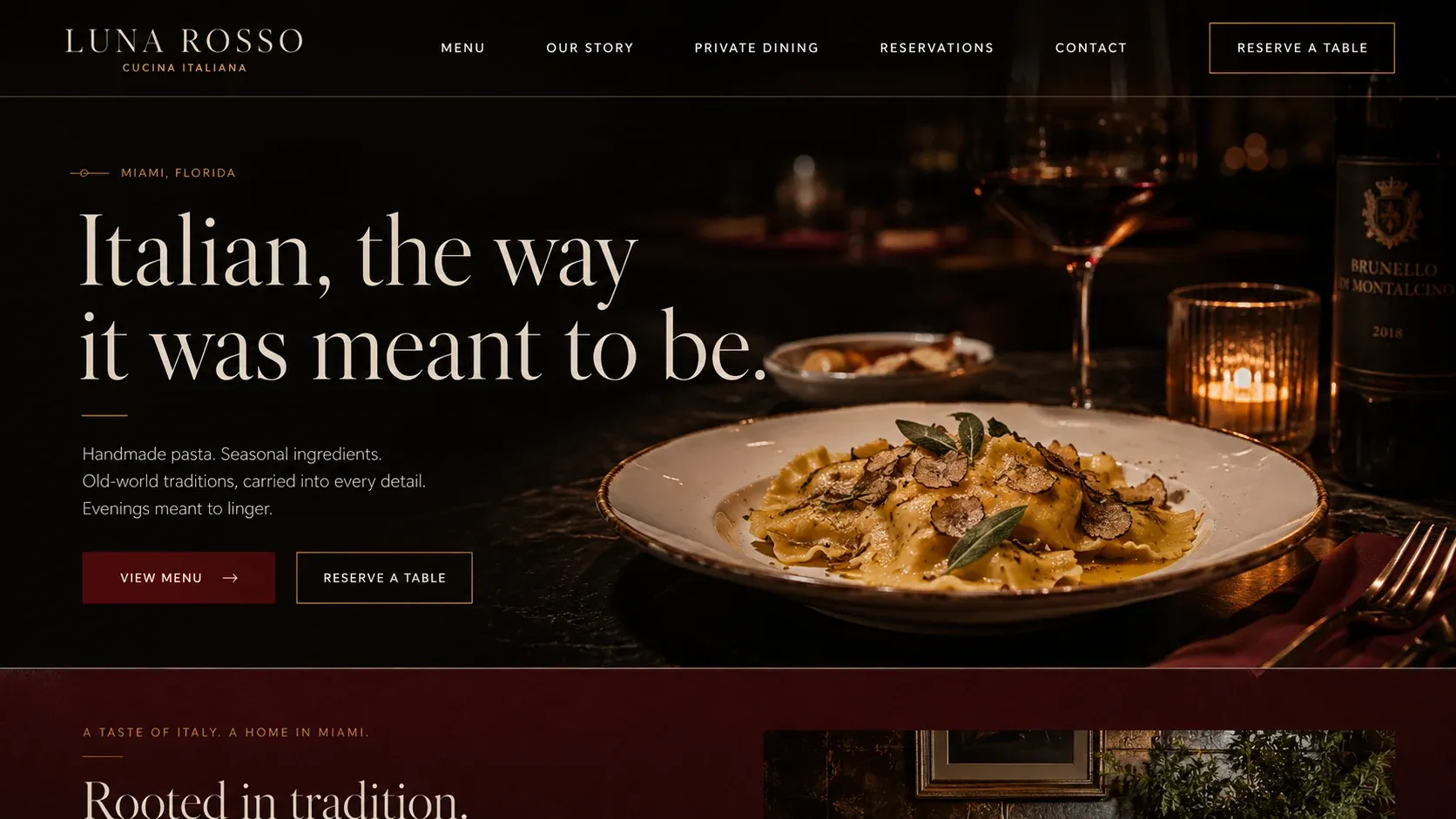 The Luna Rosso home page: “Italian, the way it was meant to be”, beside a plate of truffled pasta on a dark table.