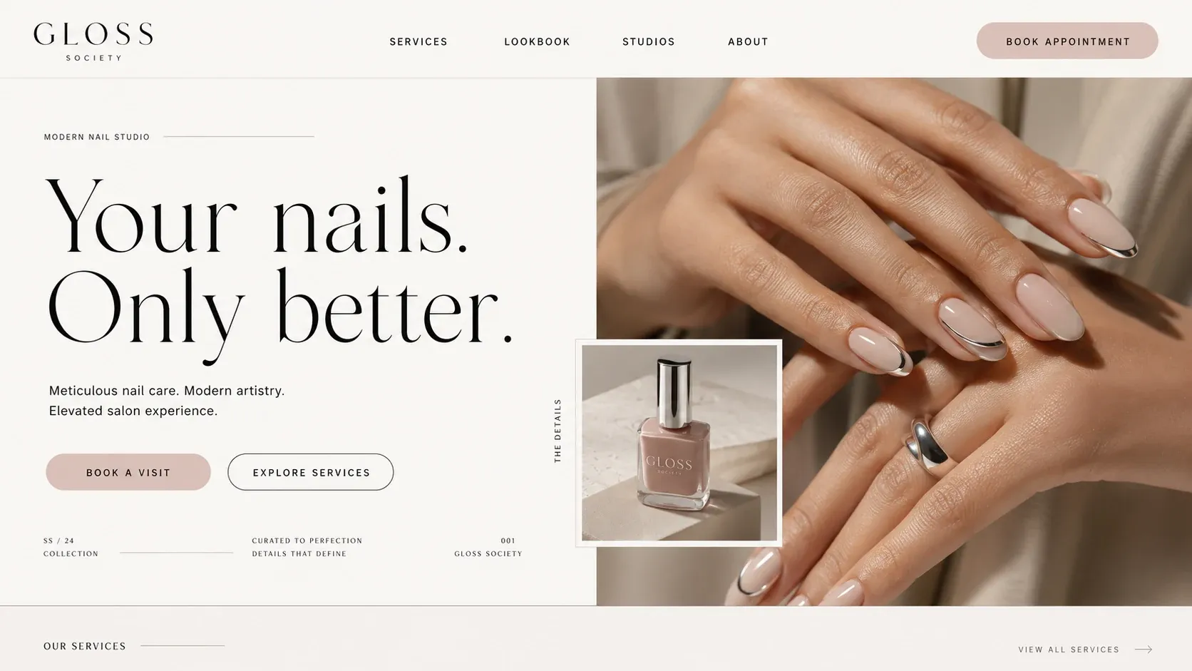 The Gloss Society home page: “Your nails. Only better.”, set in a light serif beside a photograph of a manicured hand.