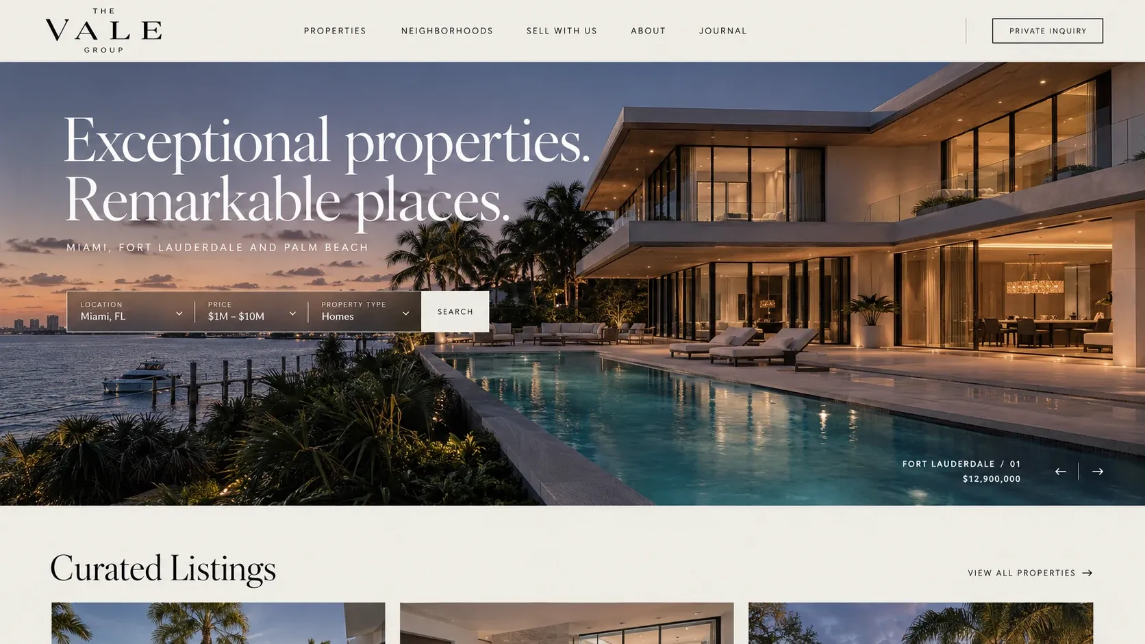 The Vale Group home page: “Exceptional properties. Remarkable places.”, over a waterfront house at dusk, with a location, price and property-type search laid across the image.
