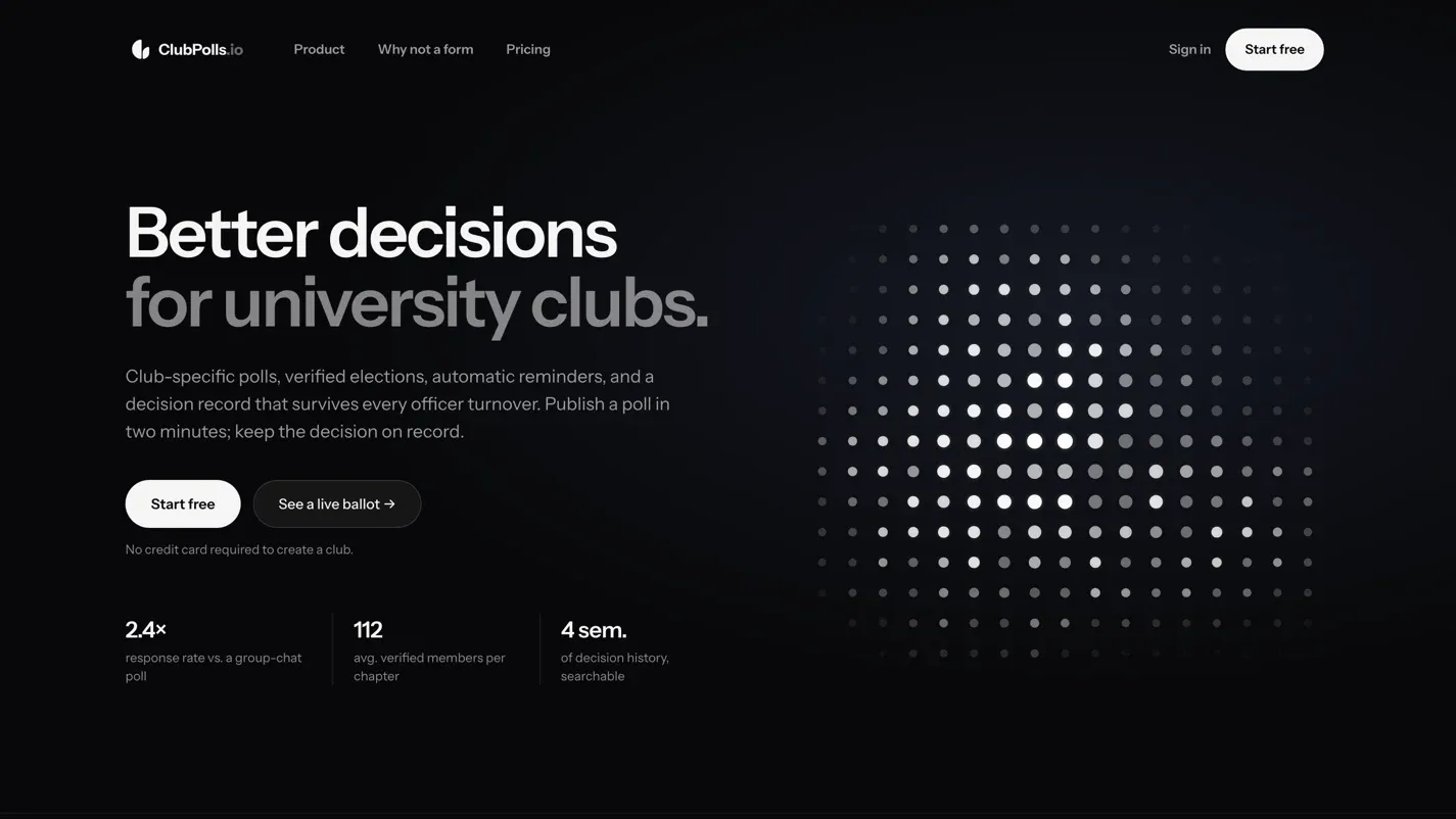 The ClubPolls.io home page: “Better decisions for university clubs”, set beside the animated dot field that runs on a power budget.