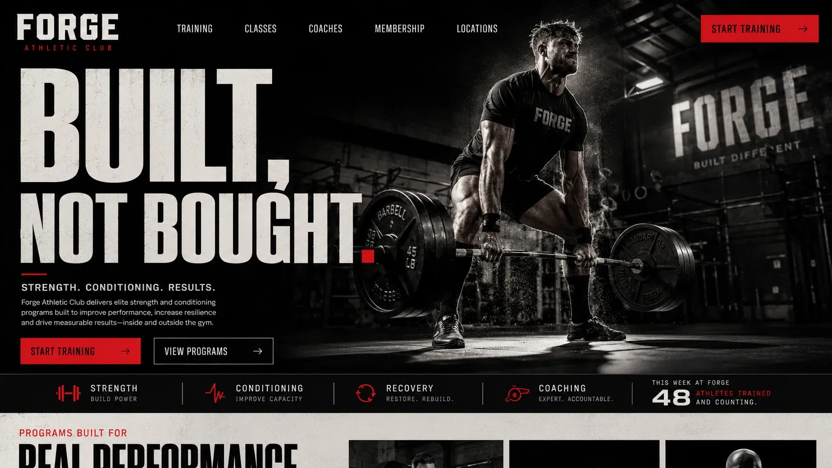 The Forge Athletic Club home page: “Built, not bought” in condensed type over a photograph of a deadlift, above the four pillars of the programme.
