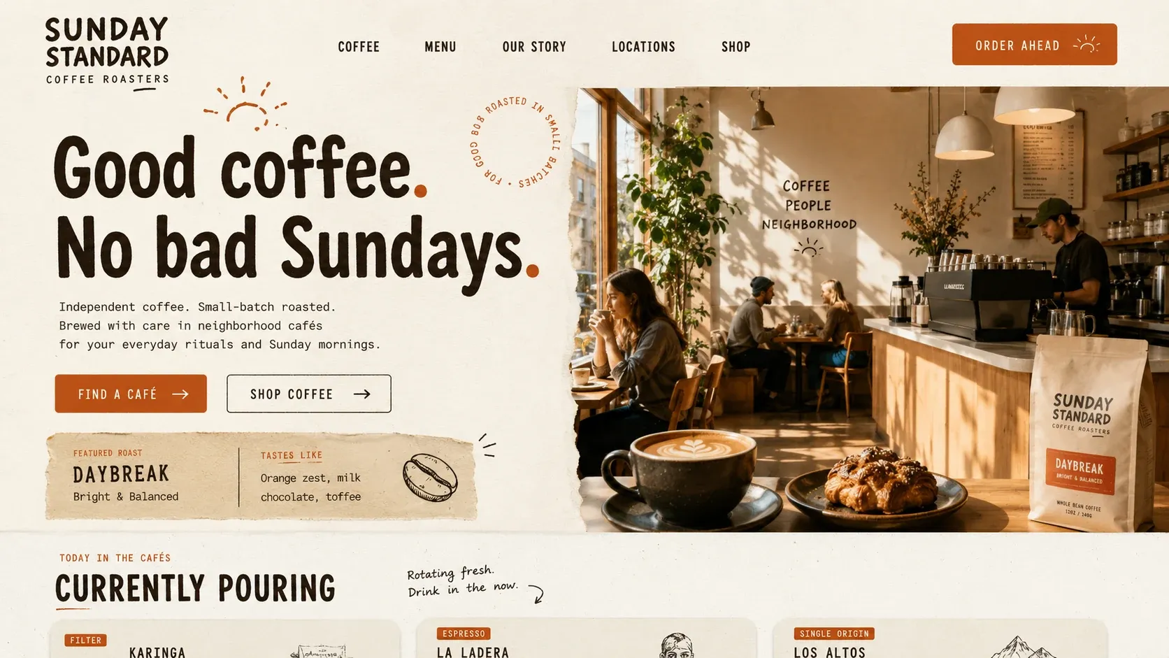 The Sunday Standard home page: “Good coffee. No bad Sundays.”, beside a photograph of the café, with the featured roast and its tasting notes called out underneath.