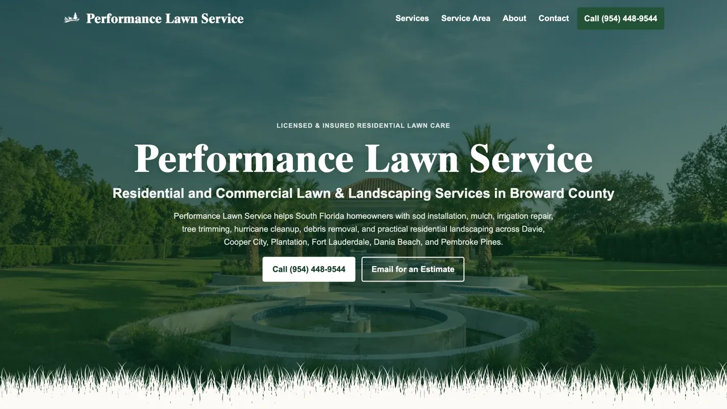 The Performance Lawn Service home page, over a photograph of a maintained South Florida lawn, with a call button as the primary action.