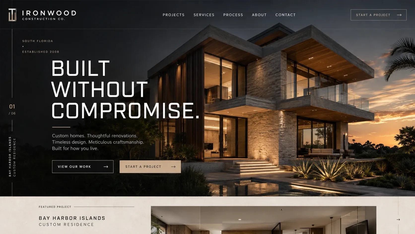 The Ironwood Construction home page: “Built without compromise”, over a custom house photographed at dusk.