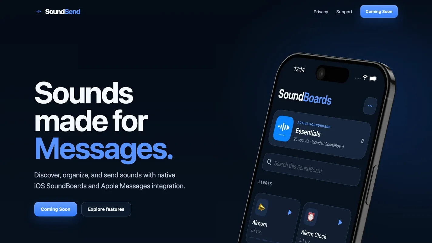The SoundSend home page: “Sounds made for Messages”, beside an iPhone rendering the app's SoundBoards screen.