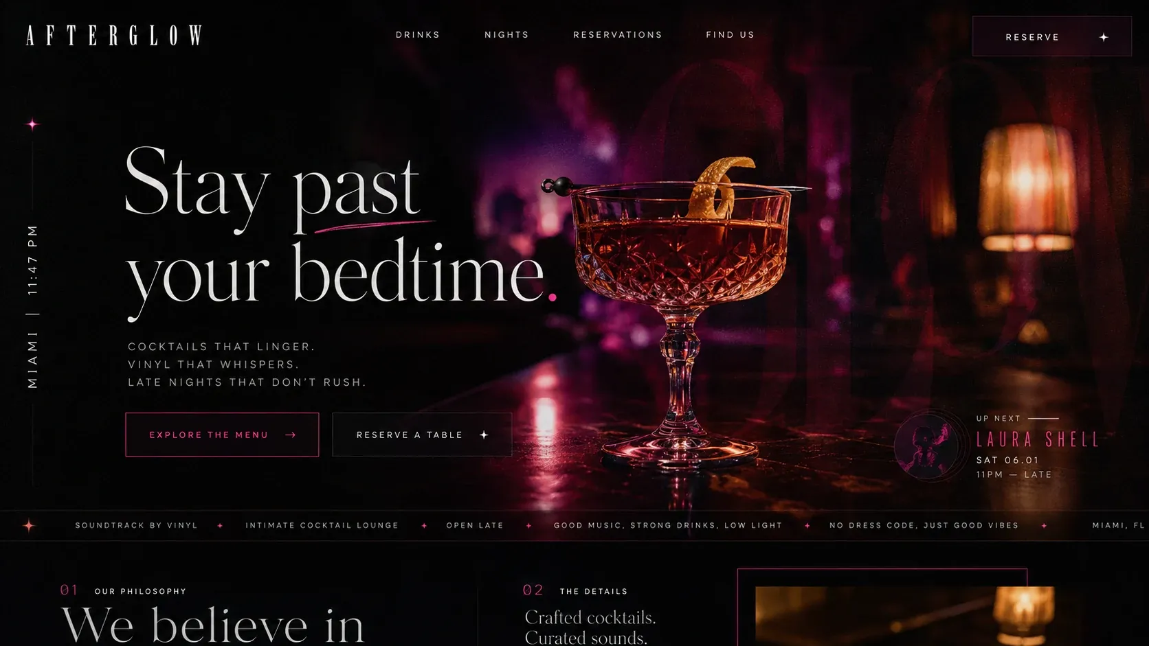 The Afterglow home page: “Stay past your bedtime”, over a coupe glass lit red along a dark bar, with the next set billed in the corner.