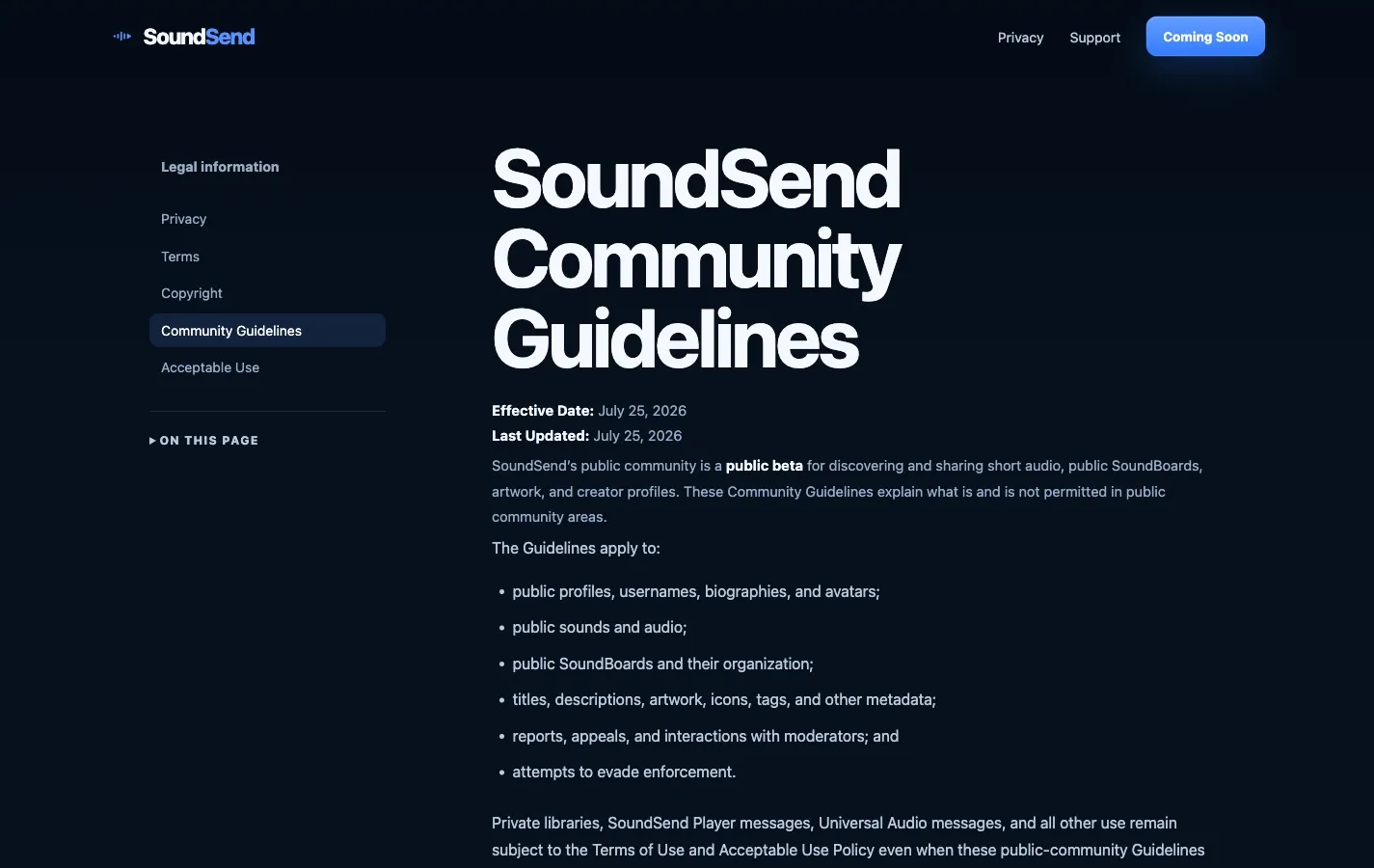 The community guidelines document, showing the cross-document sidebar and the per-document table of contents built as a native details element.