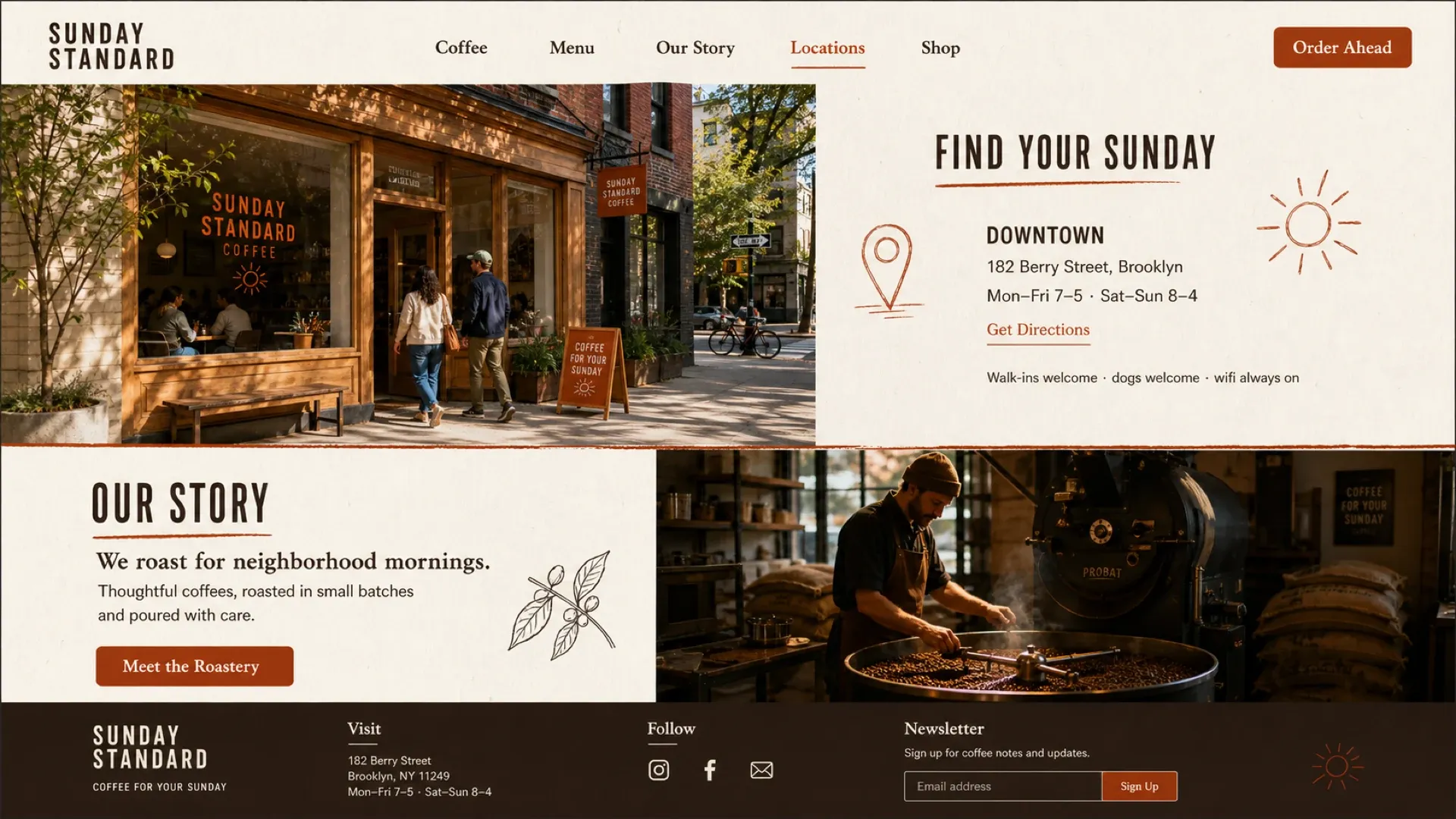 The locations page, giving the address and opening hours beside a photograph of the shopfront, above the roastery’s own story.