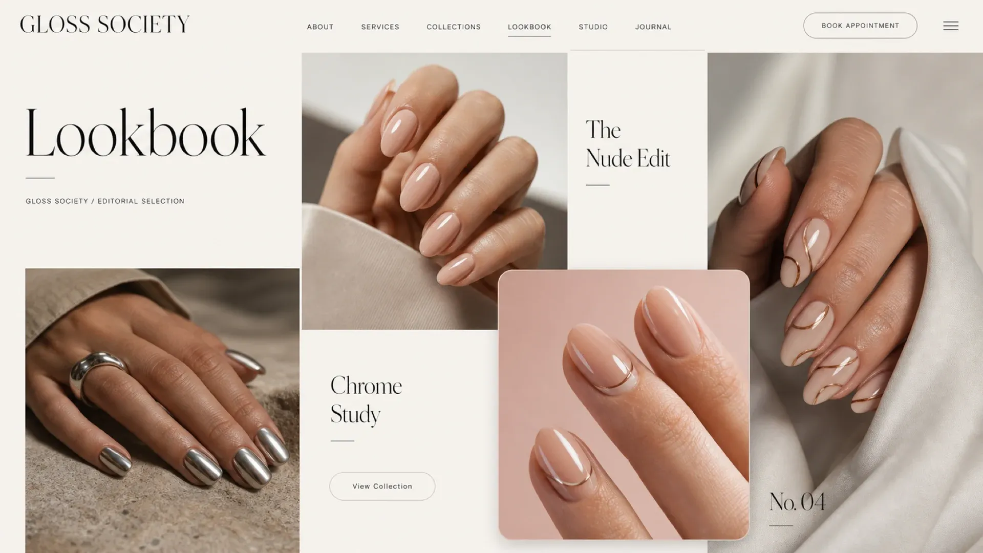 The lookbook, arranging finishes as named editions across a photographic grid rather than as a list of services.