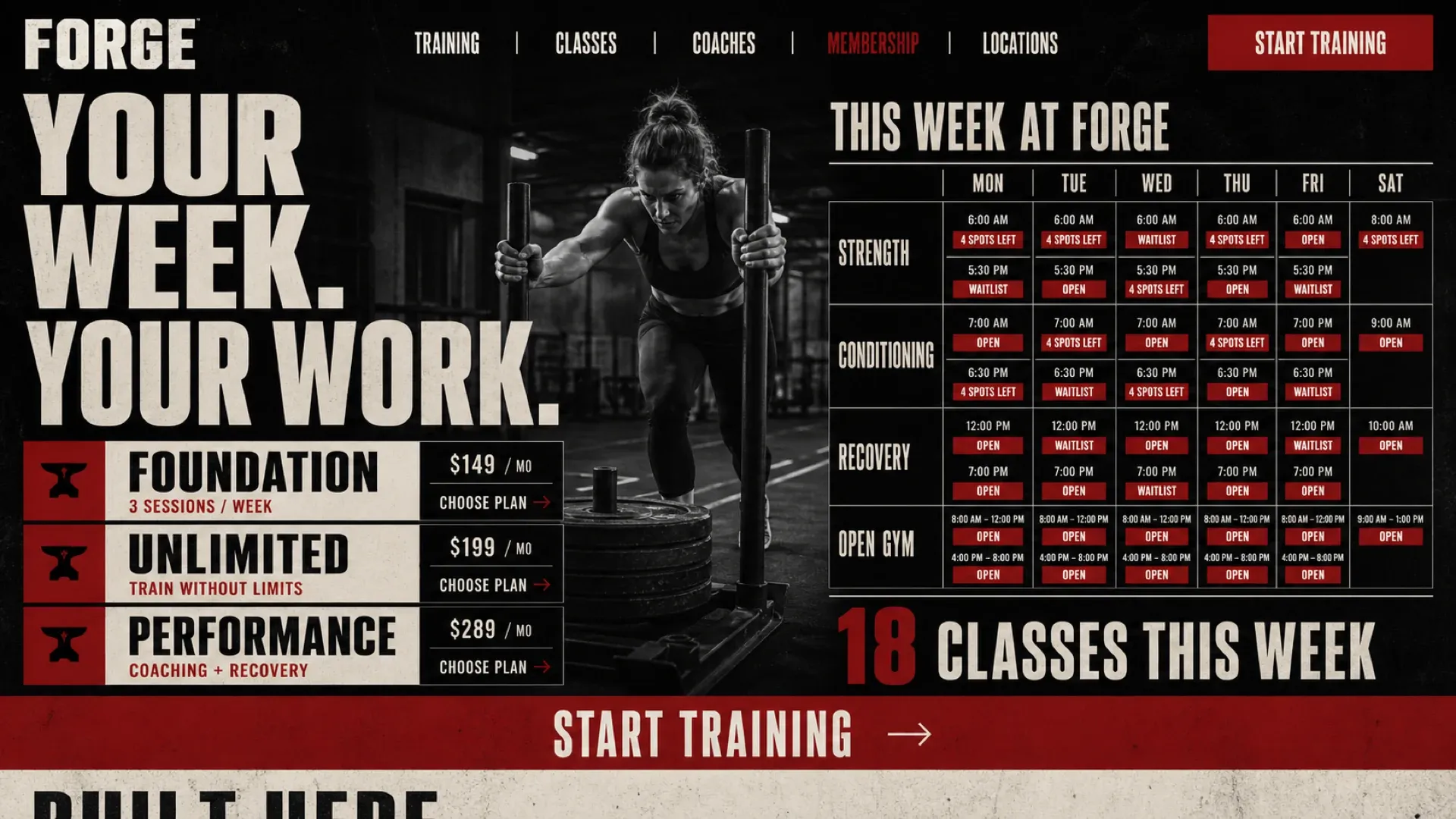The membership page: three monthly tiers down the left, and a full week of classes on the right with times and remaining spots in every slot.