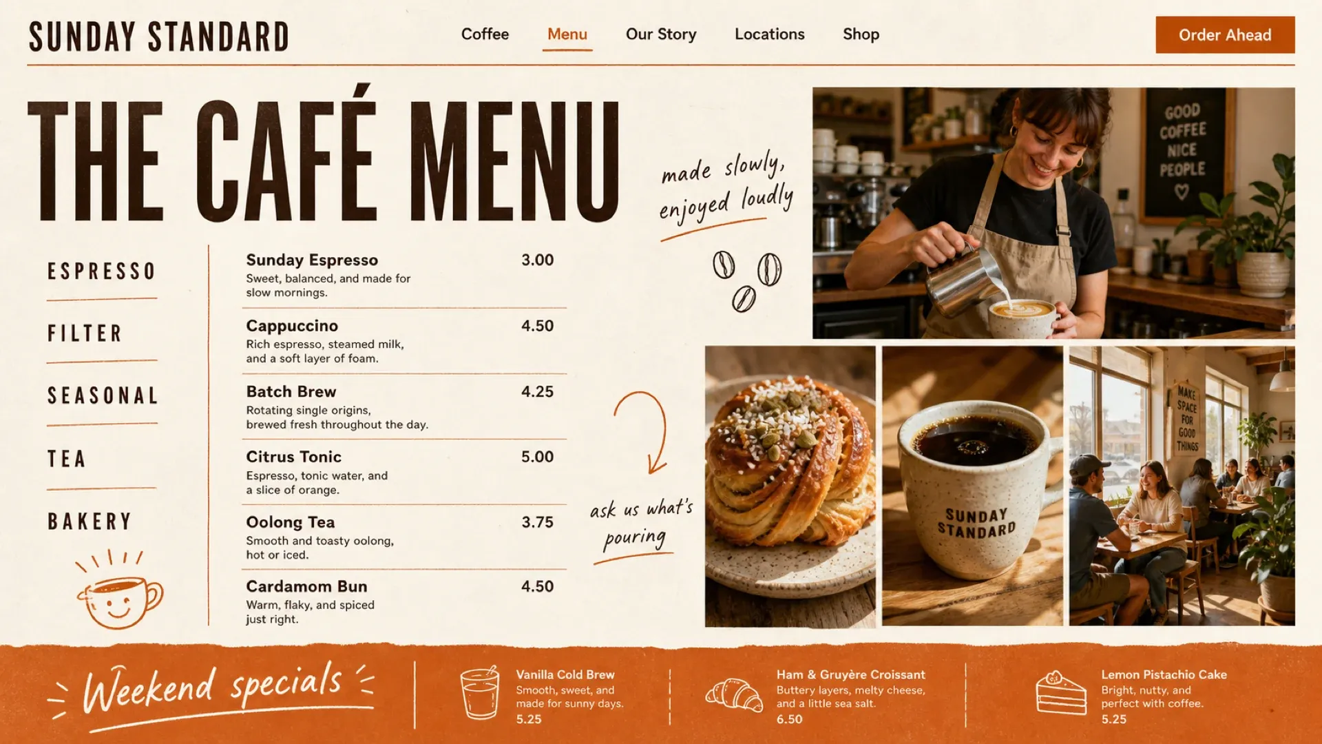 The café menu, pricing espresso, filter, seasonal, tea and bakery items with a line of description under every one.