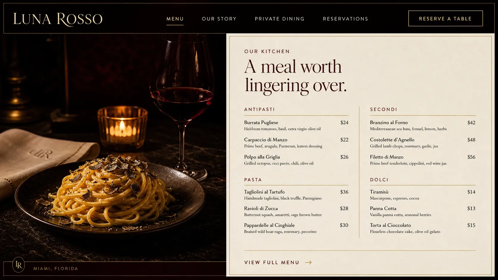 The menu page, setting antipasti, pasta, secondi and dolci as typeset text with a description and a price against every dish.