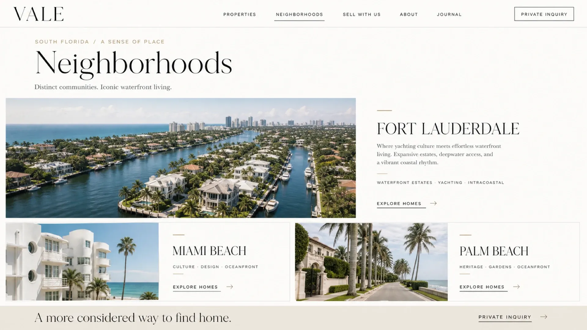 The neighborhoods page, describing Fort Lauderdale, Miami Beach and Palm Beach by the character of each, with a route into the listings underneath.