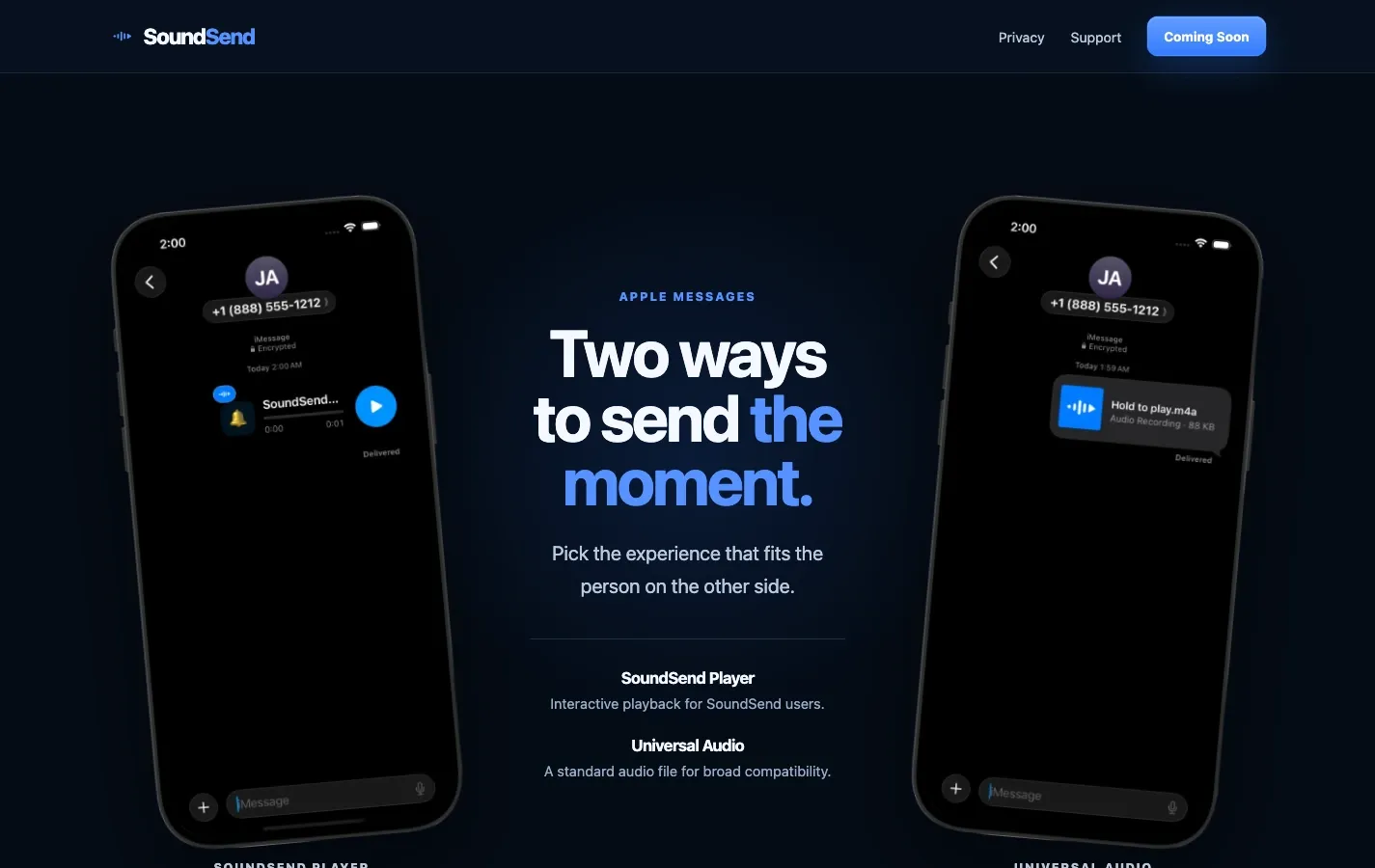 The section setting the SoundSend player beside sending a clip from inside Apple Messages.
