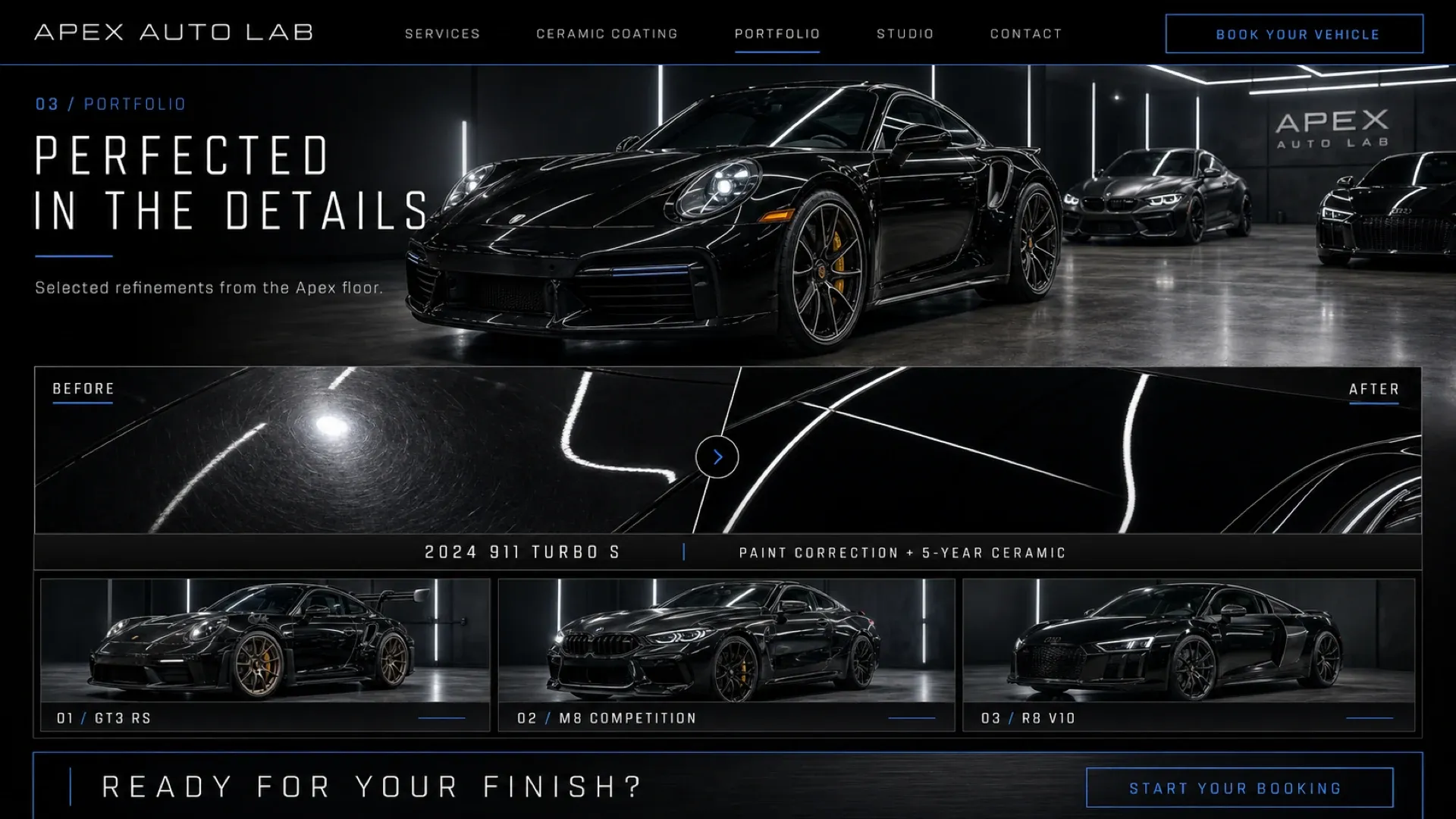 The portfolio page, a before-and-after divider drawn across one panel under unchanged lighting, with three finished cars indexed beneath it.