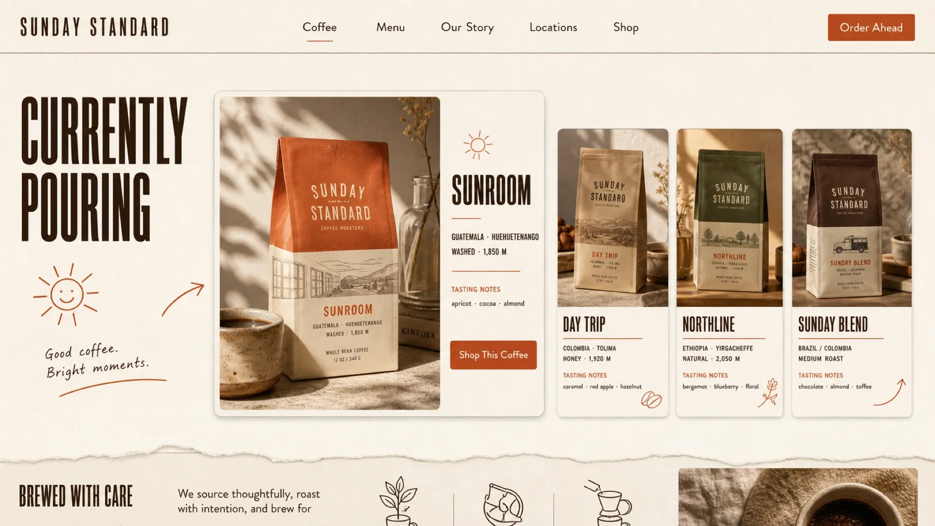 The currently pouring page, showing the coffees on bar this week with the origin, process, altitude and tasting notes of each.