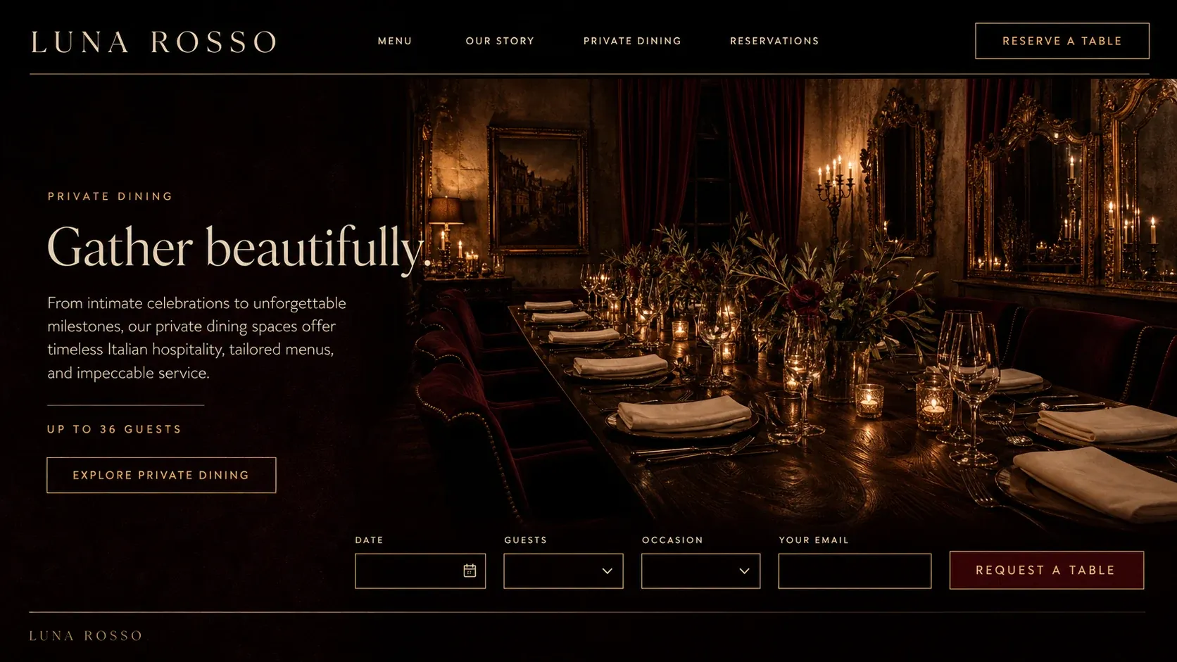 The private dining page, with a date, guests, occasion and email form beneath a photograph of a candlelit private room laid for a long table.