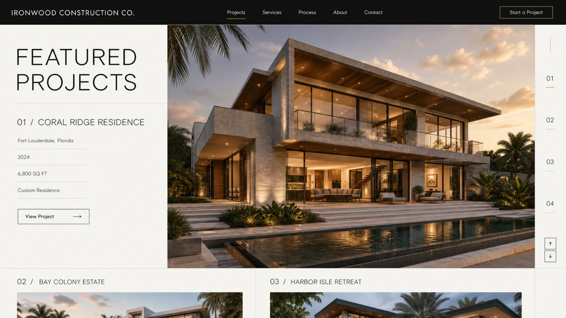 The featured projects page, the first build shown large beside its location, year and square footage, with the rest of the list indexed down the right edge.