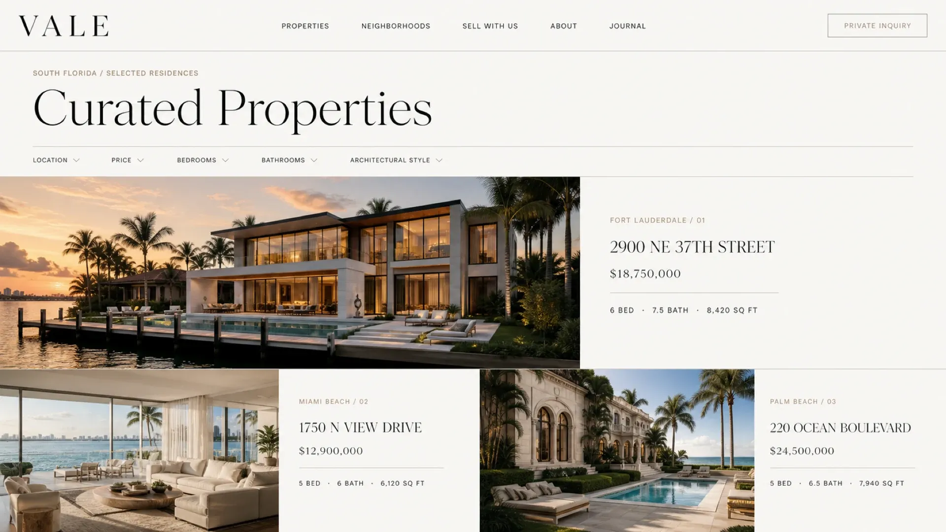 The listings page, every property showing its price, beds, baths and square footage directly beneath the address.