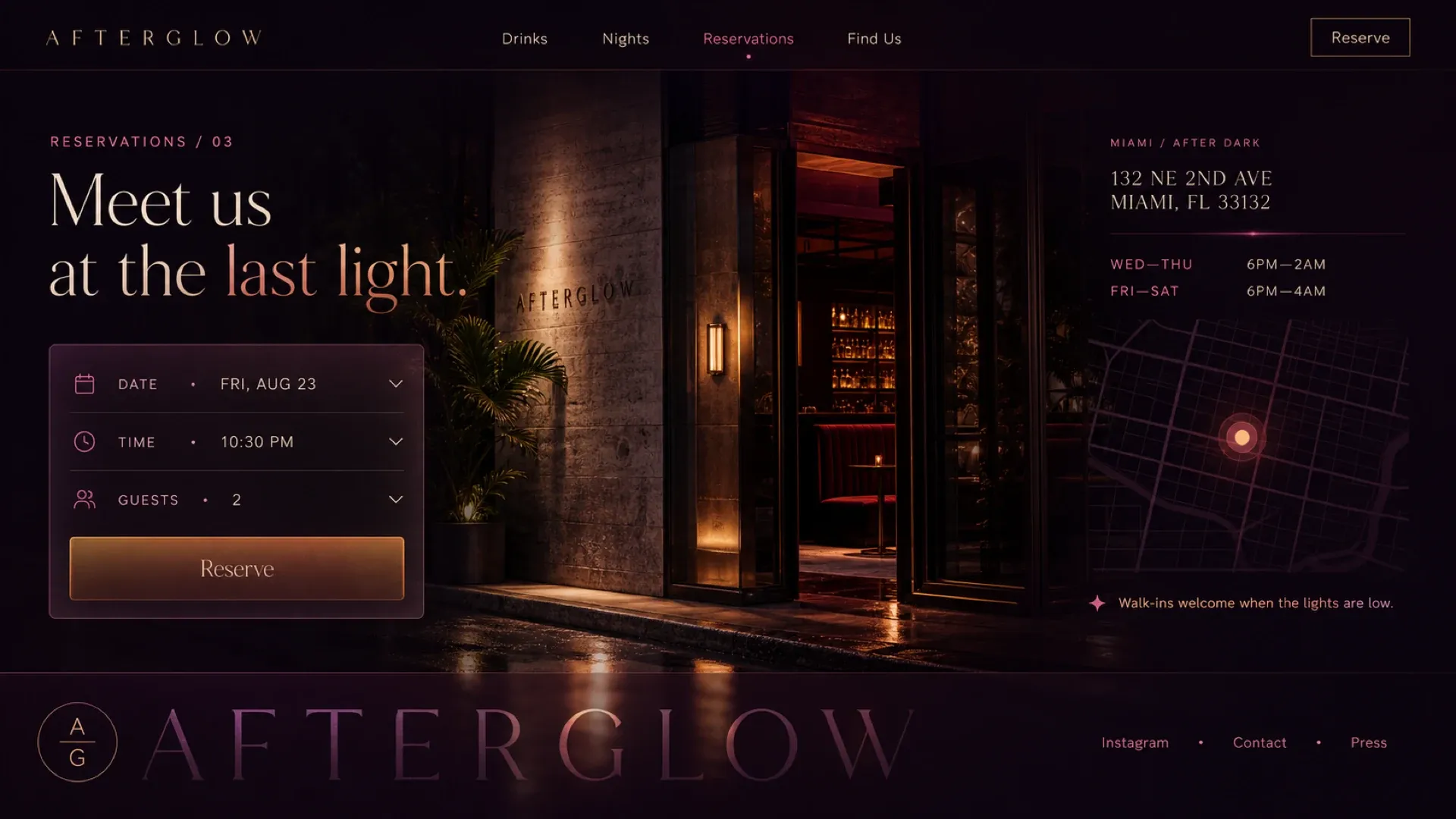 The reservations page: a date, time and guests picker beside the address, the opening hours and a map, with the entrance photographed at night.