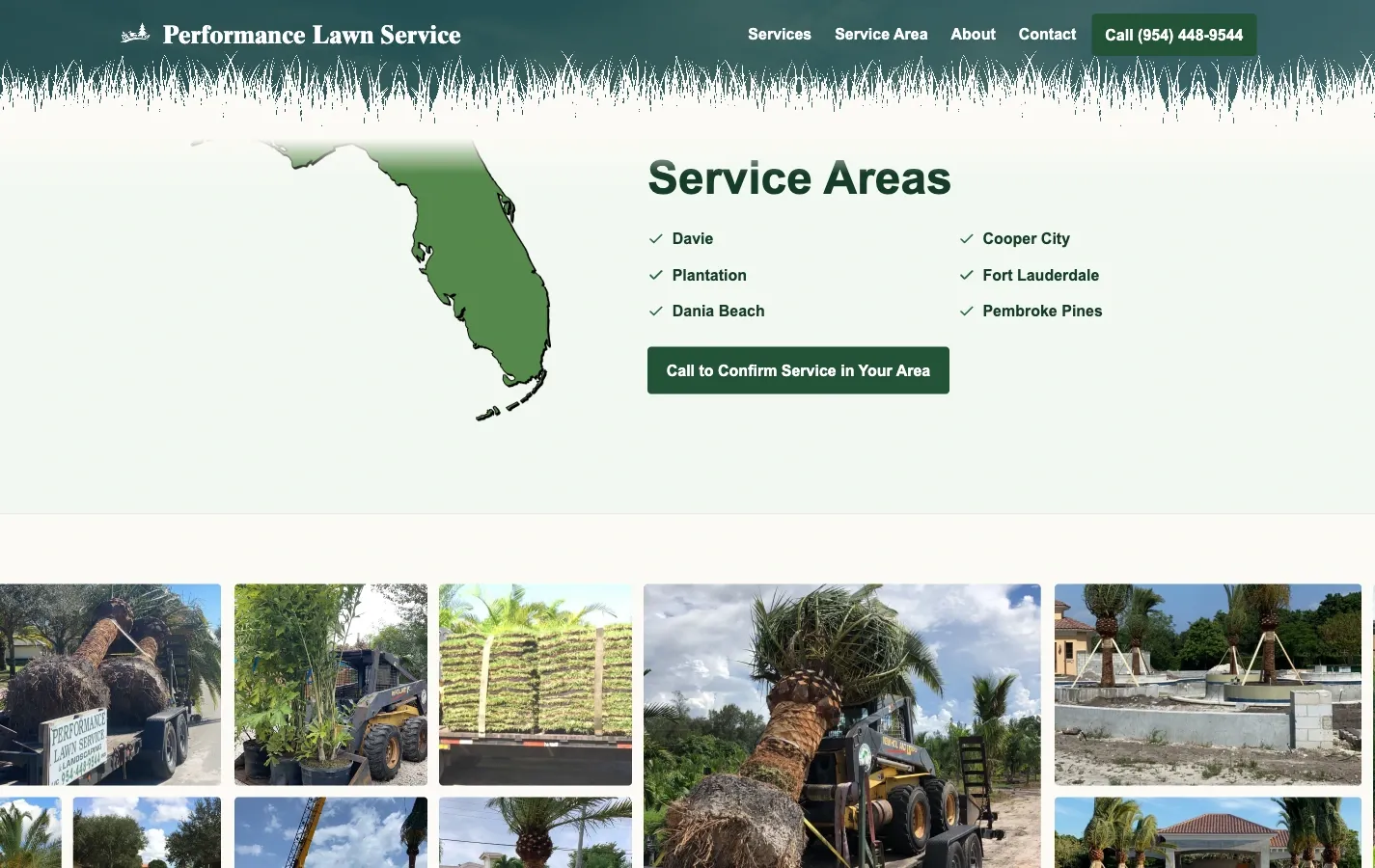 The service area section, naming Davie, Cooper City, Plantation and the rest of the Broward County coverage.