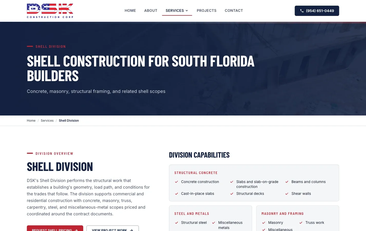 The shell contractor page, one of the three division pages.