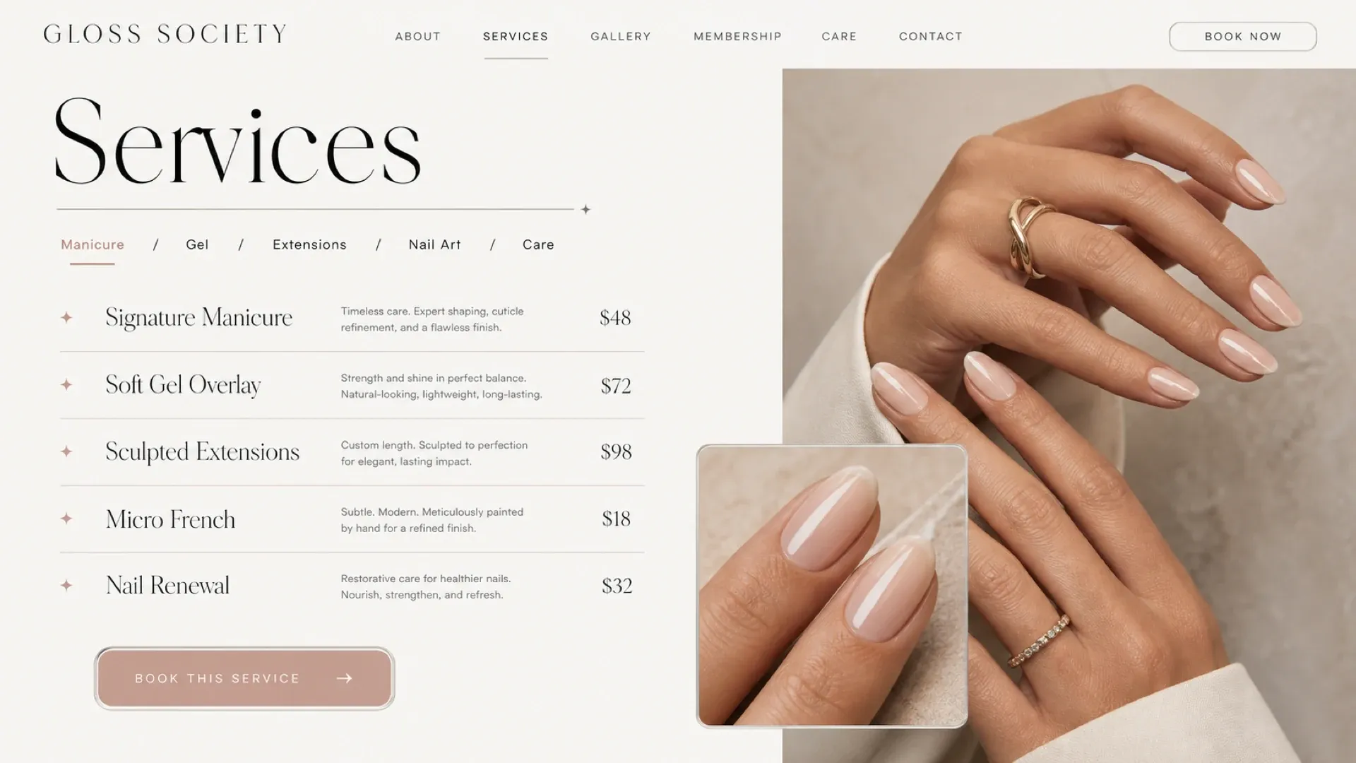 The services page, listing five treatments with what each one includes and what it costs.