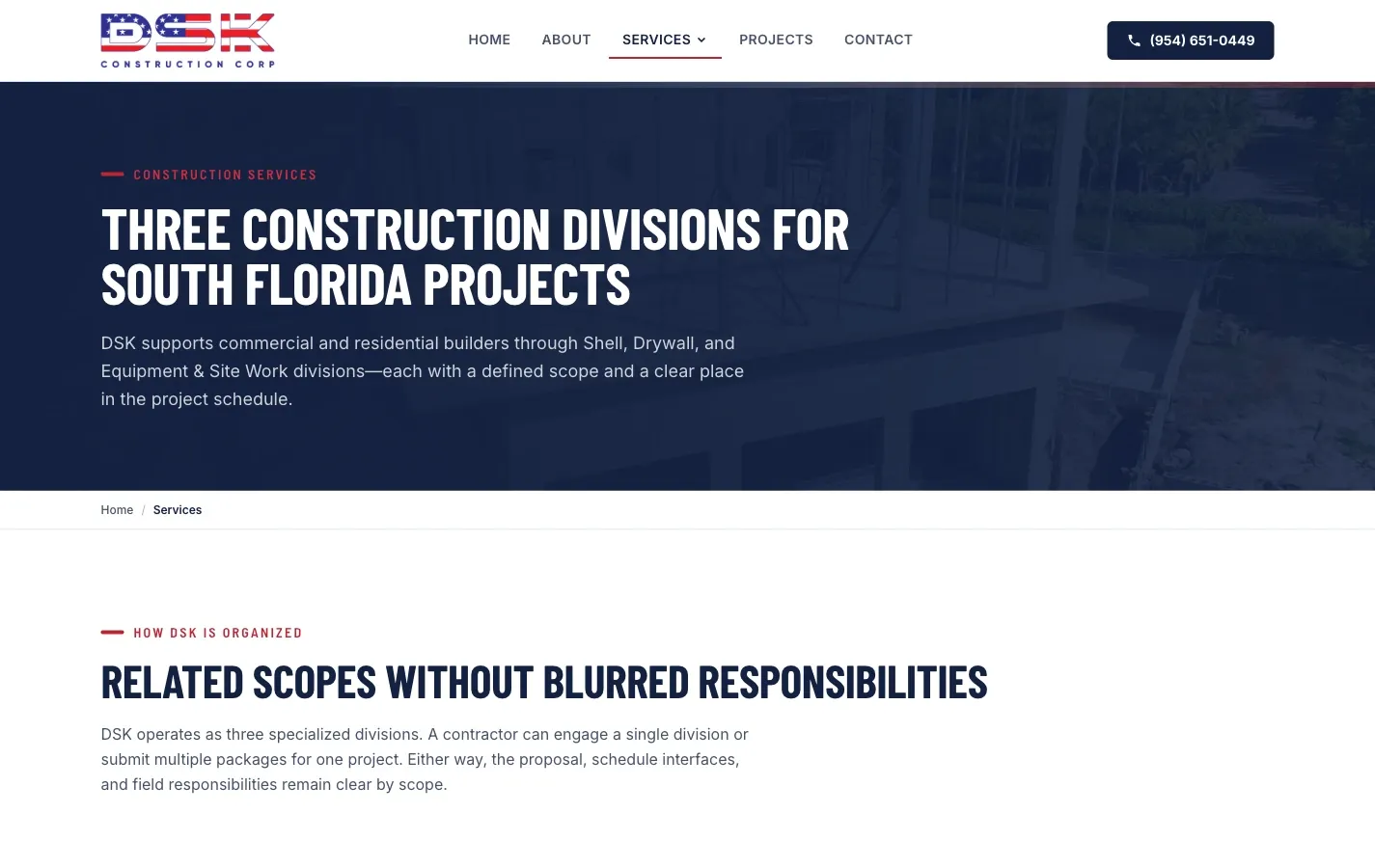 The services overview, split across the shell, drywall, and equipment and site work divisions.