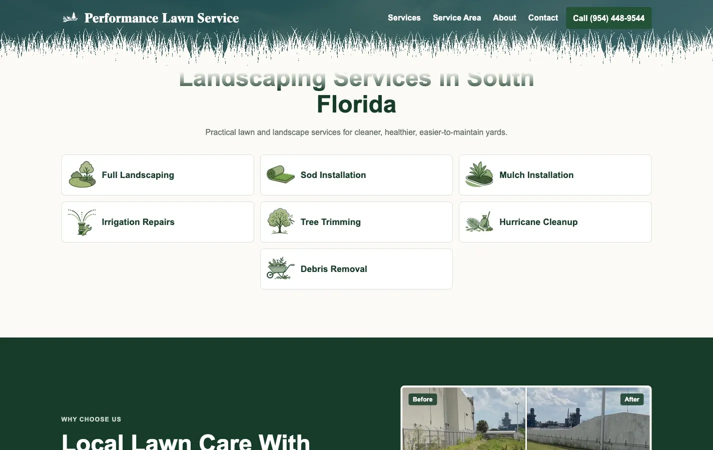 The landscaping services section, listing the seven services offered across Broward County.
