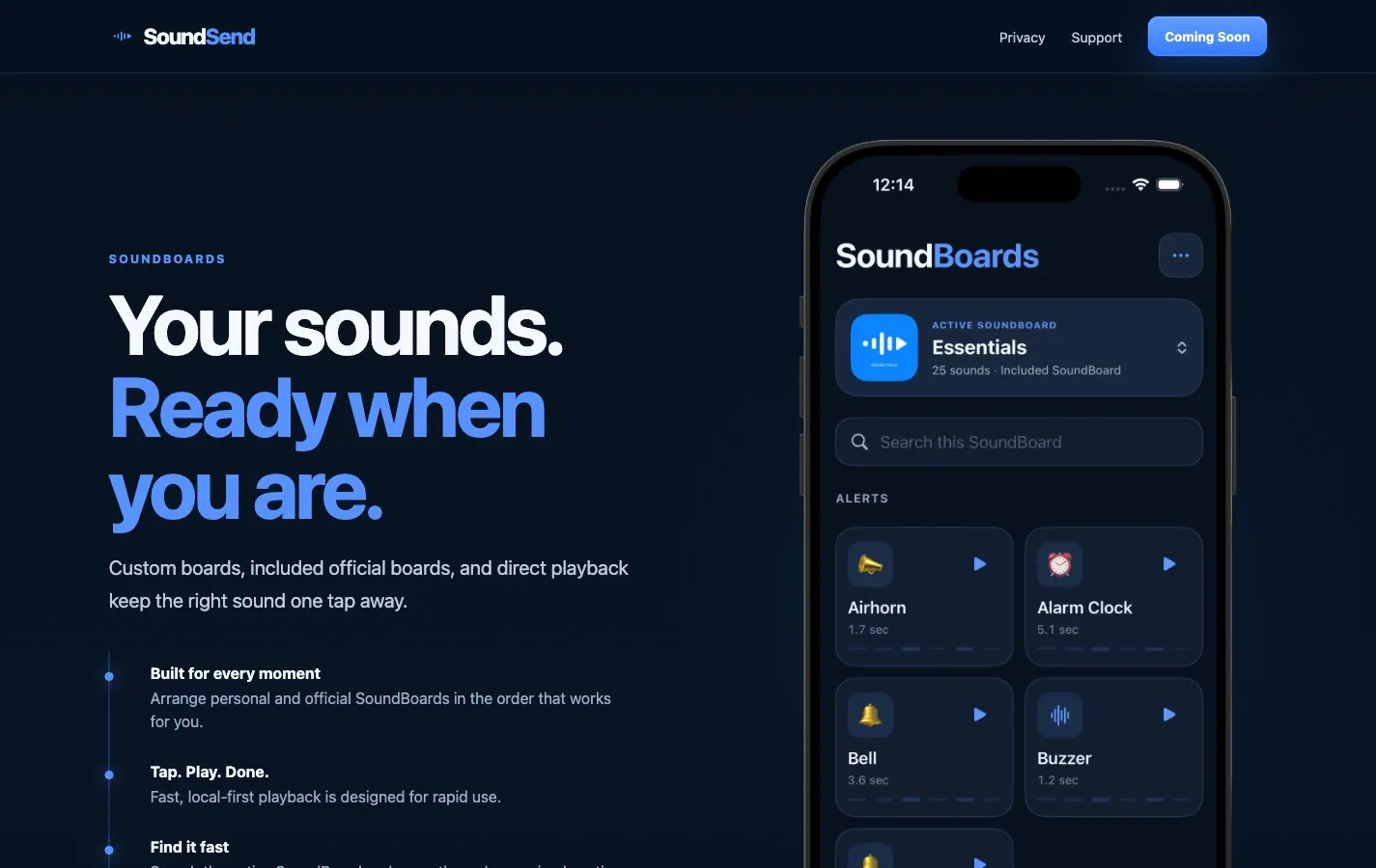 The SoundBoards feature section, whose mock app interface is hand-built markup marked aria-hidden rather than a screenshot.