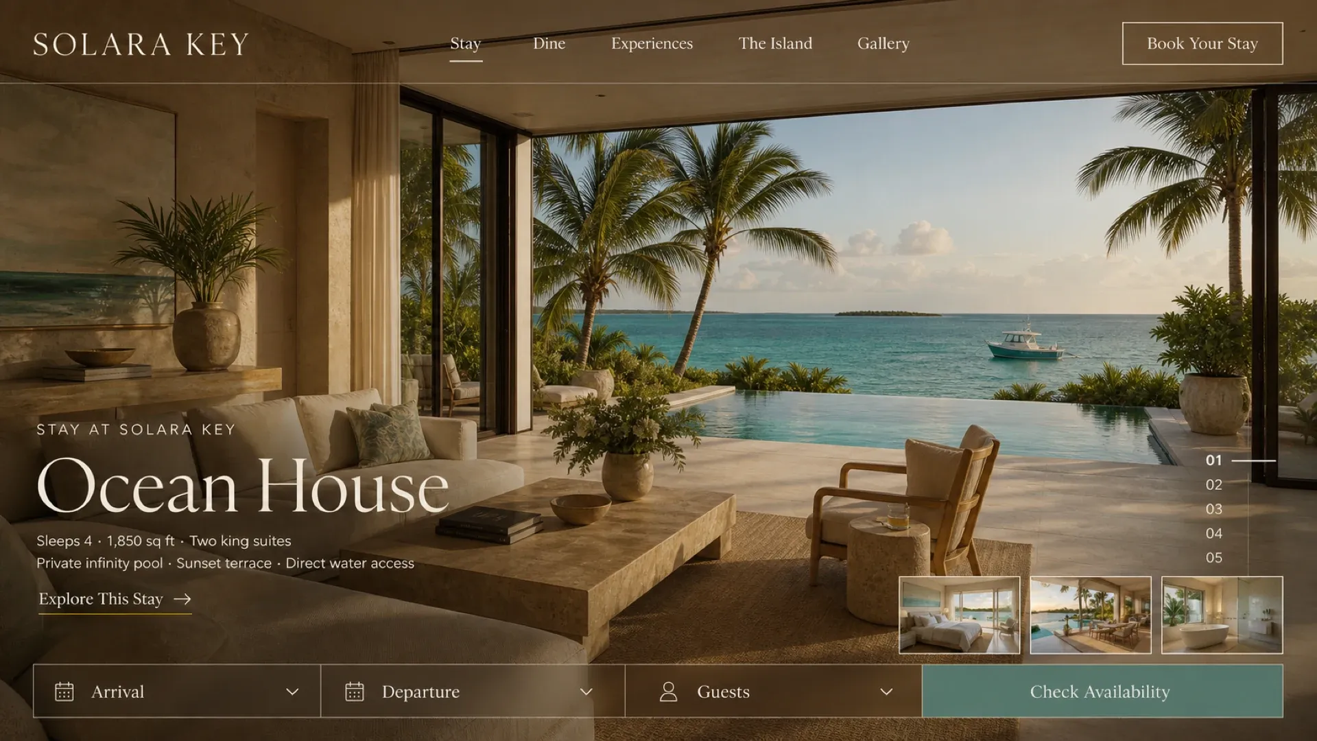 The stay page, showing one villa with what it sleeps, its square footage and its features stated under the name, above the same availability bar.