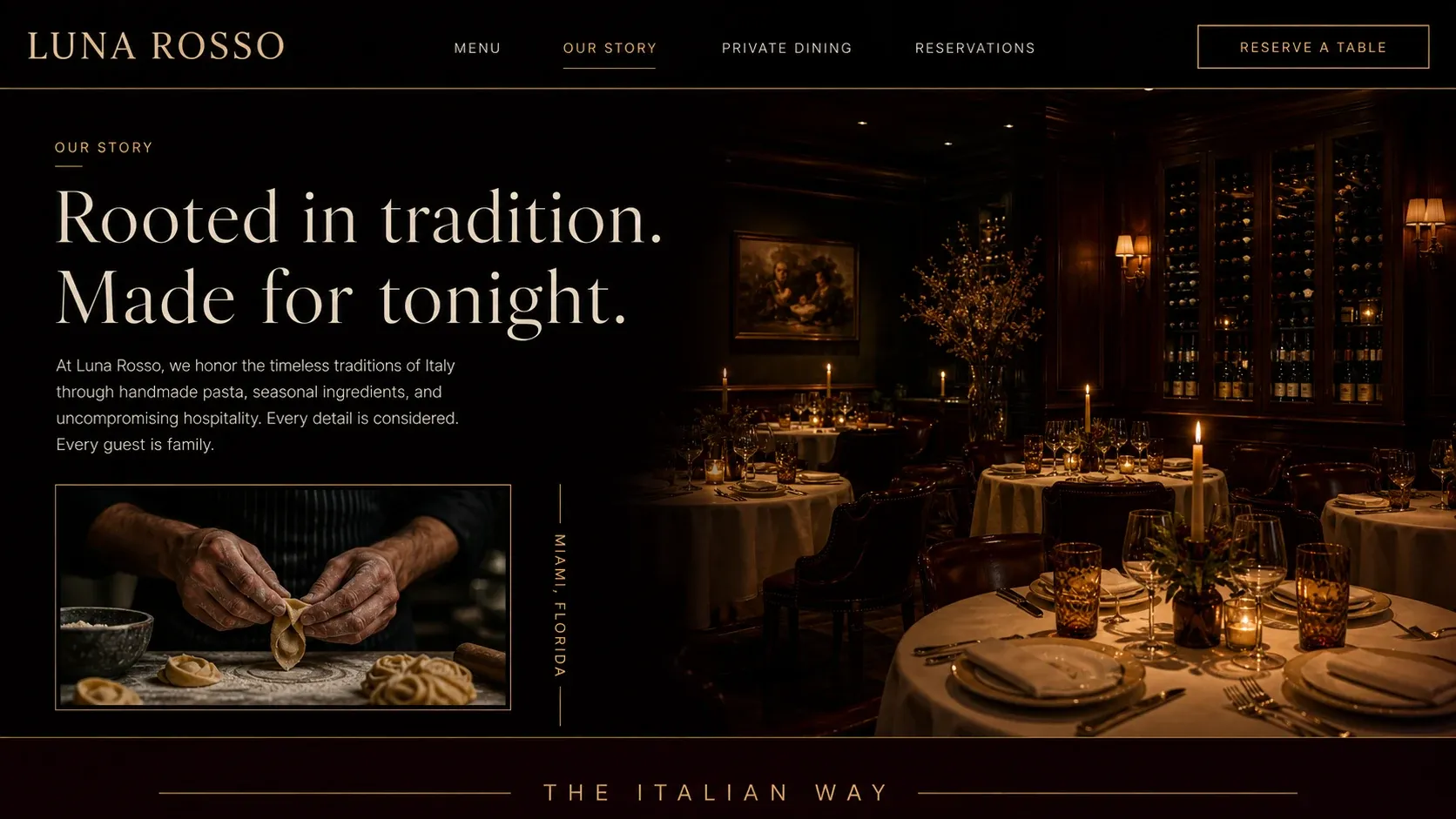 The story page, describing the kitchen’s traditions beside a photograph of pasta being shaped by hand.