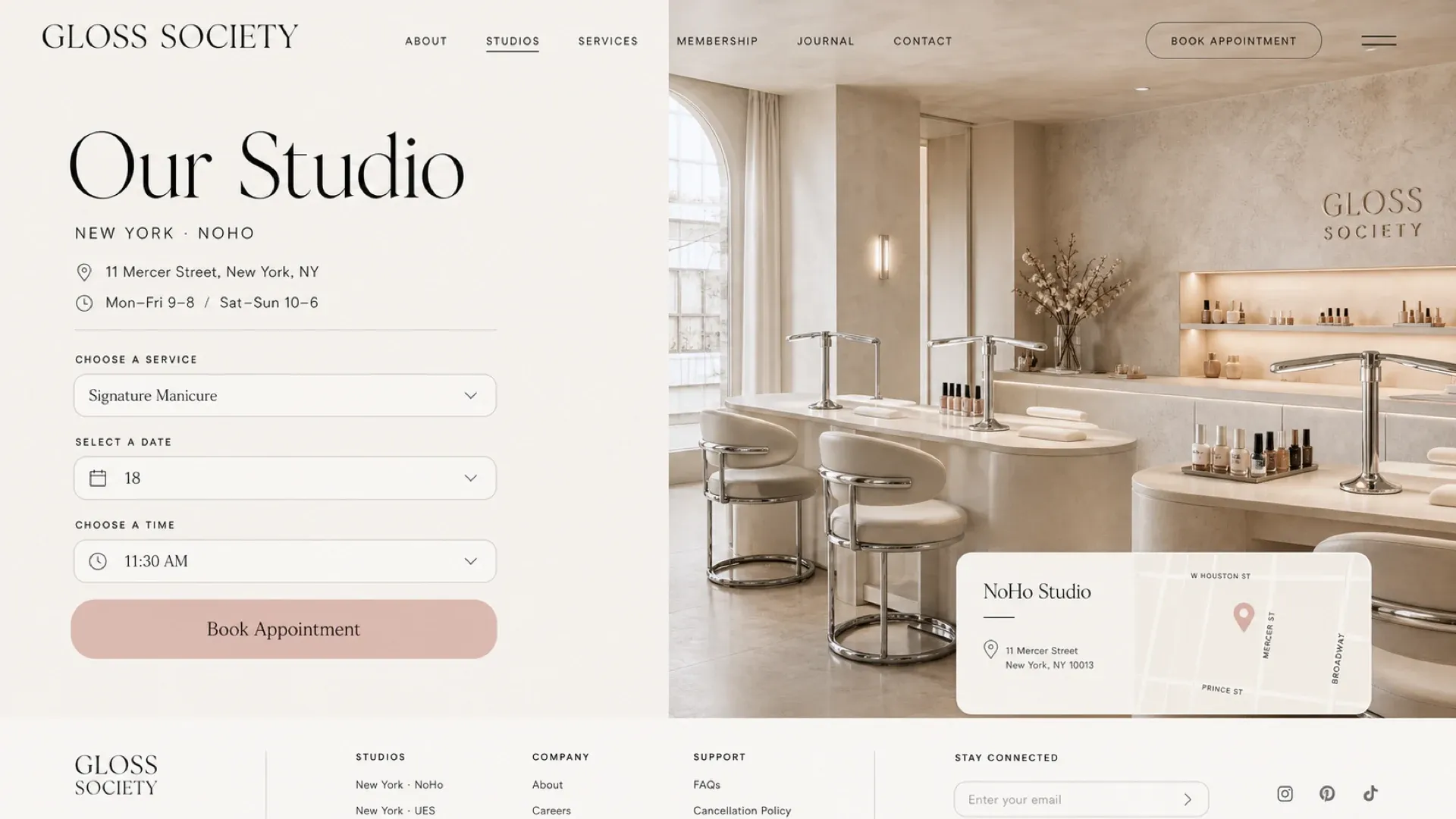 The studio page: a service, date and time picker beside the address, the opening hours and a map of the location.