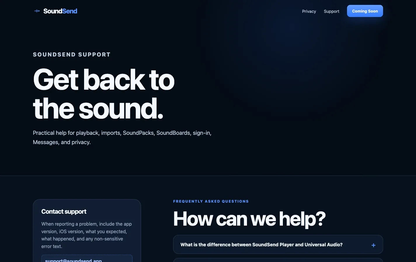 The support page, covering sounds, SoundPacks and Messages integration.
