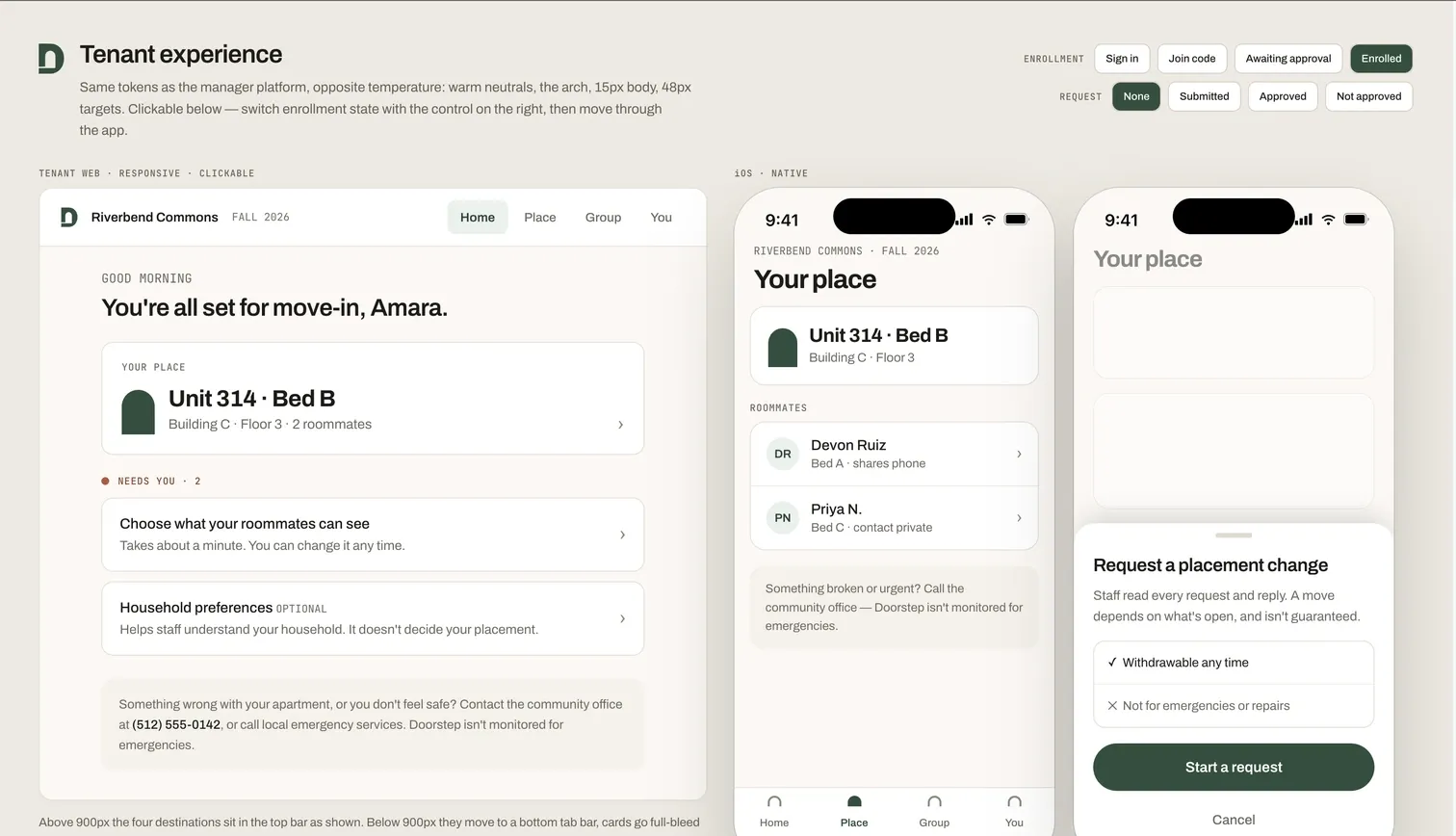 The resident side of the product, shown as a responsive web layout beside two iOS screens: the resident's own bed and roommates, and the sheet for requesting a placement change. The palette runs warm against the manager tool's cool greys.