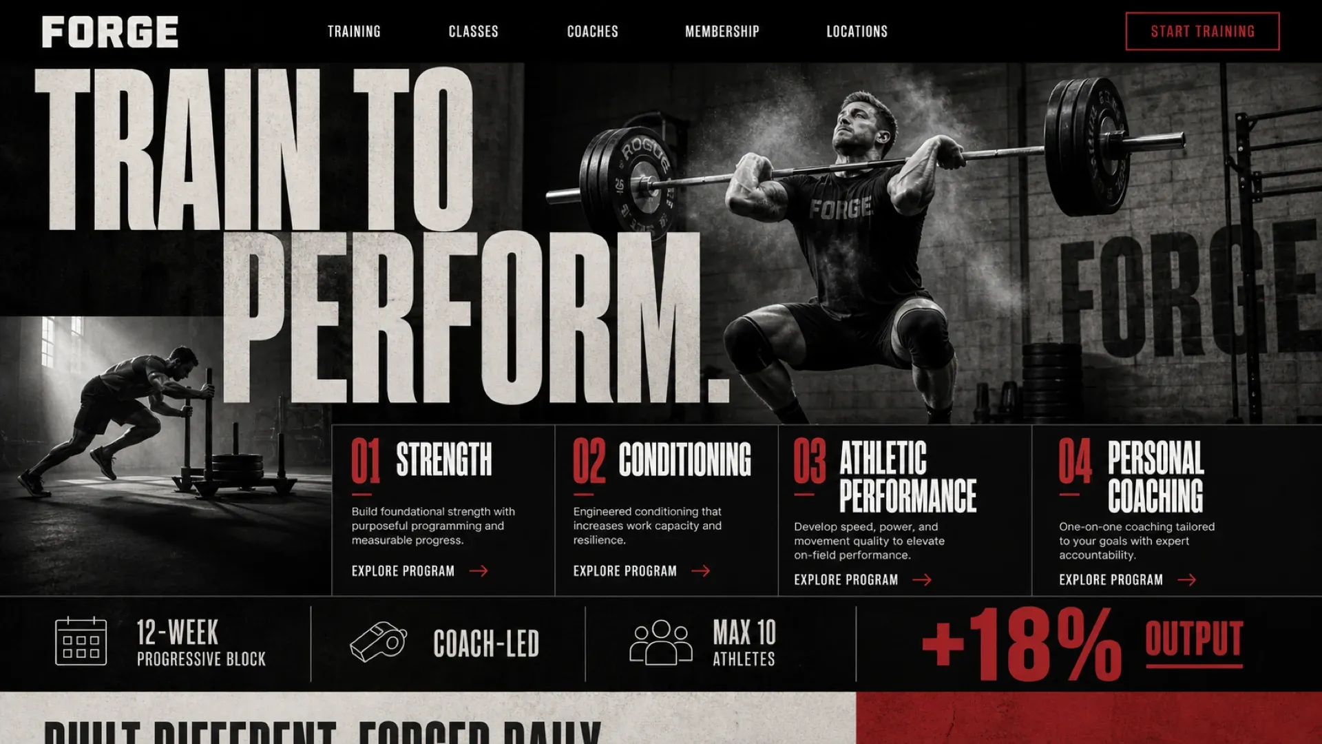 The training page, listing strength, conditioning, athletic performance and personal coaching, each with what it is meant to build.