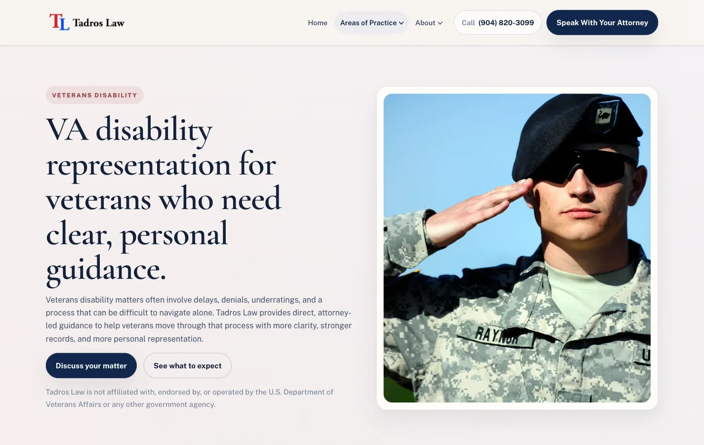 The veterans disability practice page, one of the firm's three practice areas.