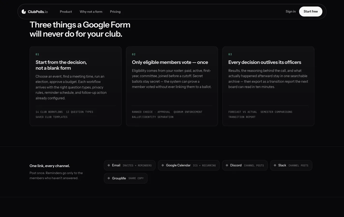 The section arguing three things a Google Form will never do for a club, numbered 01 through 03.
